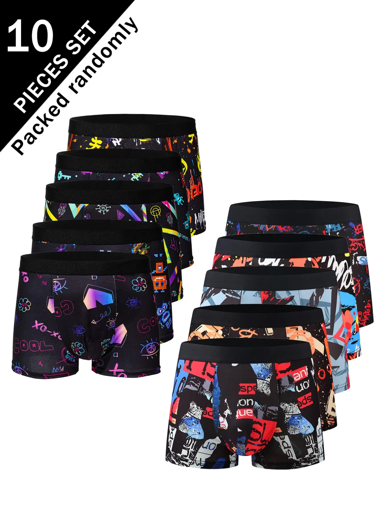 10-Pack Men's Abstract Graffiti Print Boxer Briefs Underwear, Trendy Street Style, High Elasticity, Comfortable, Non-Compression, Daily Wear