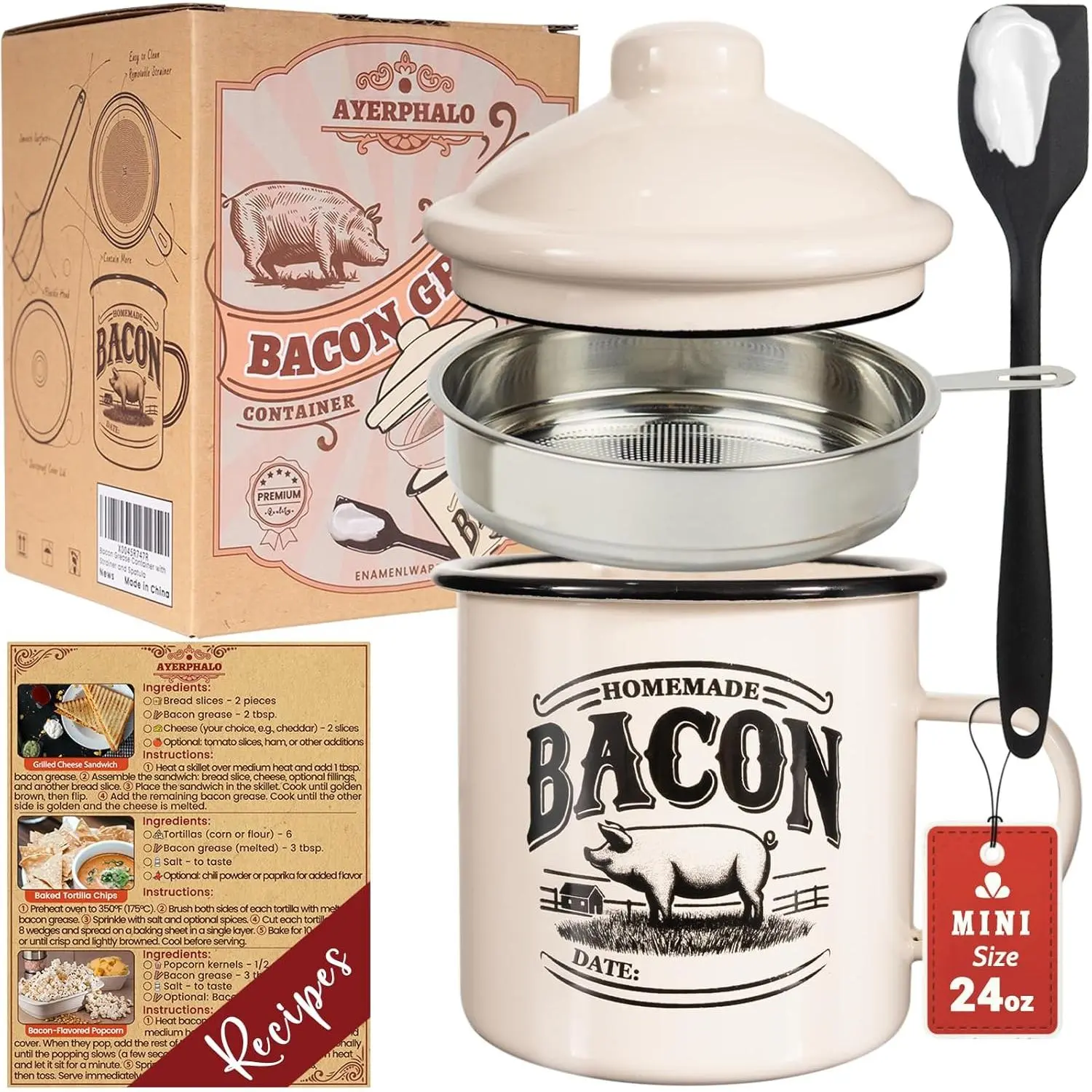 24oz Enamel Coating Rustic Farmhouse Bacon Grease Container with Strainer, Food-Grade Silicone Spatula, Keeper & Recipes - Dishwasher Safe Kitchen Essential for Home Cooks