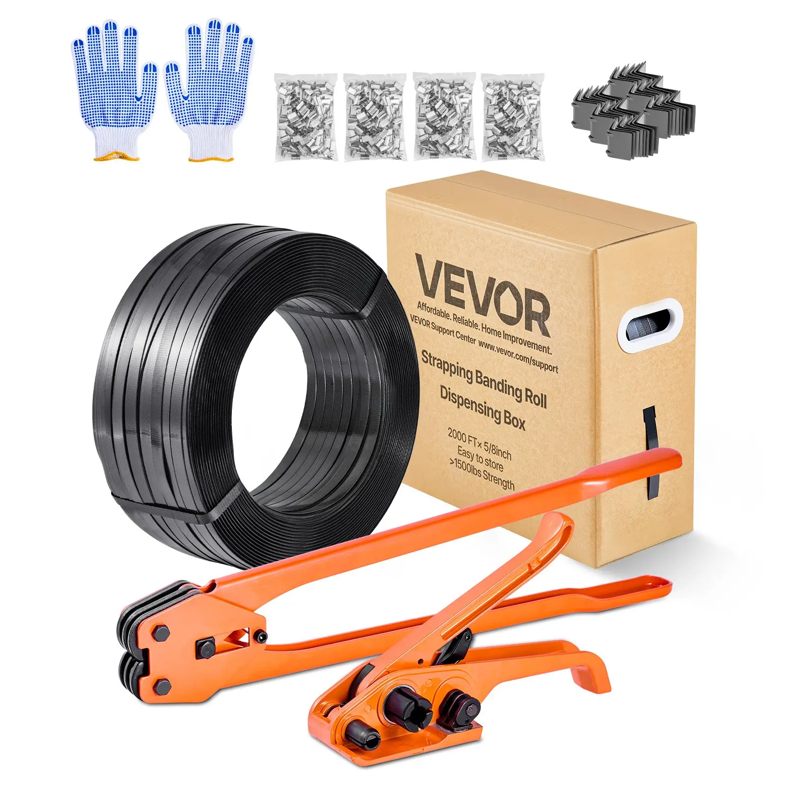 Banding Strapping Kit, Heavy Duty Banding Sealer Tool with 2000 ft PET Band, 600 Metal Seals, 200 Corner Protectors, Plastic Pallet Packaging Strapping Kit for Warehouse, Transportation, Home