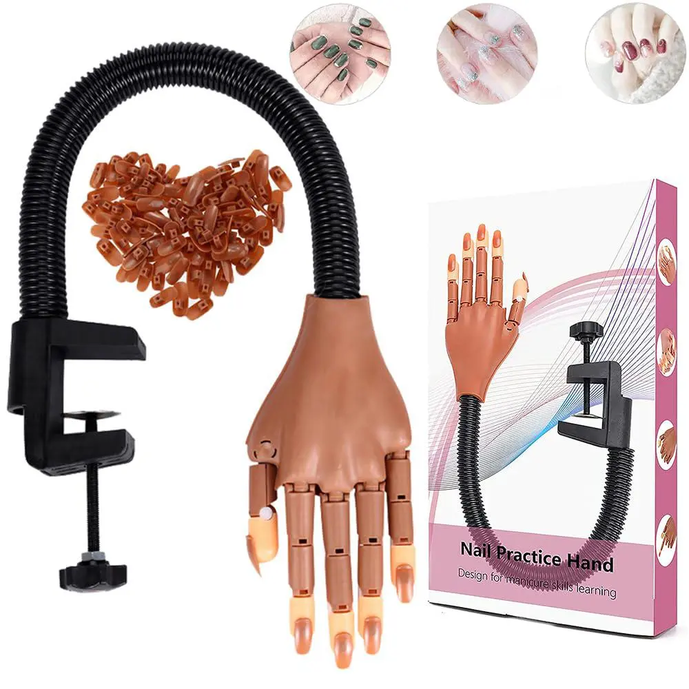 Nail Training Practice Hand with Flexible Adjustable Fingers and 100 Replaceable Tips, Reusable Manicure Set for Acrylic & Gel Practice, Professional Salon Nail Care Tool for Beginners, Silicone, Stainless Steel