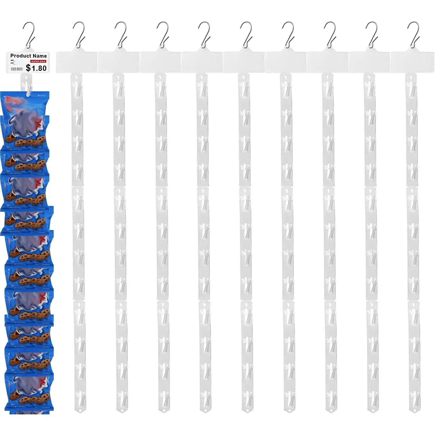 10 count Station Display Rack Plastic  Display Strips with Hooks, Merchandise Display Clip with Label Header for Retail Store Display