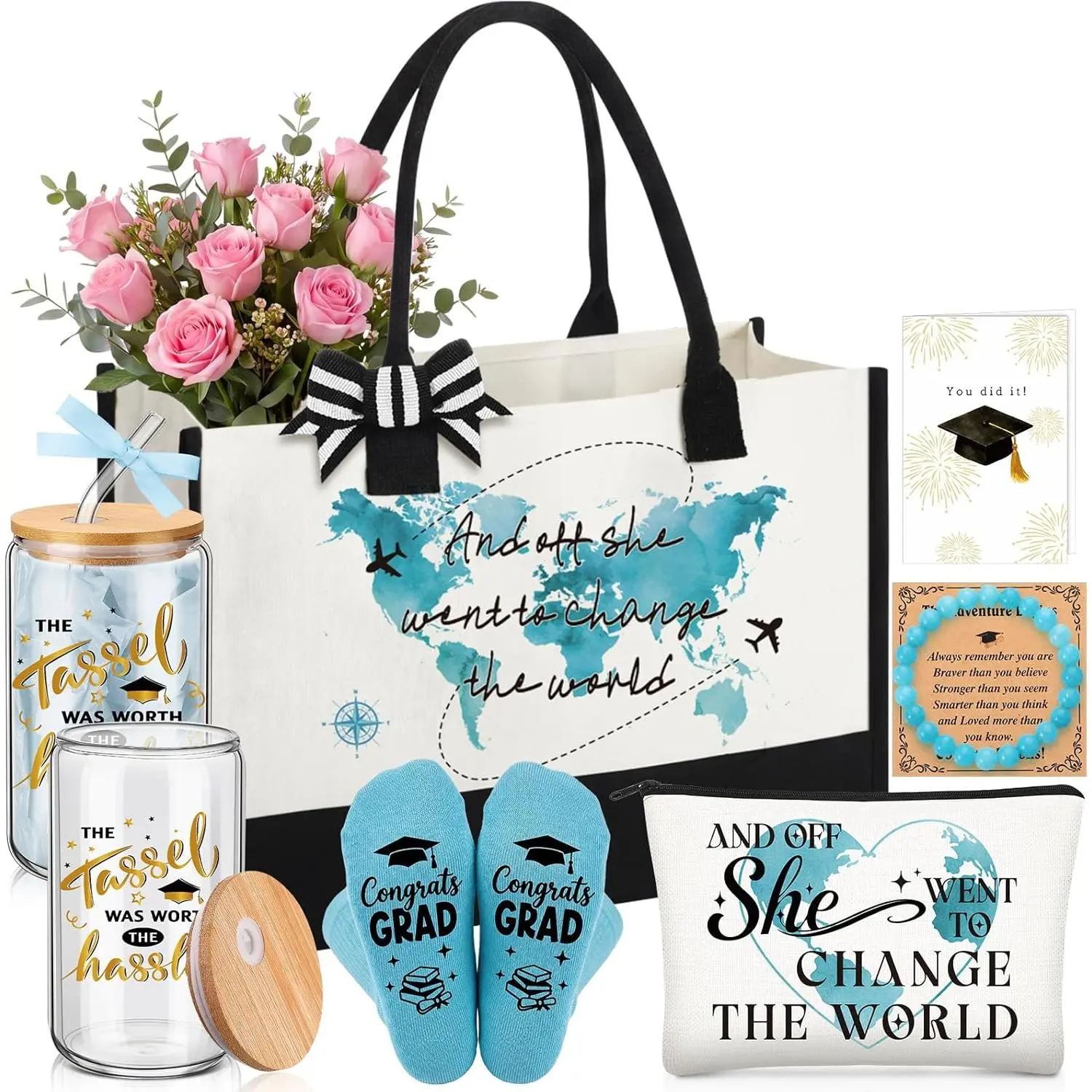6 Pcs Graduation Gifts for Girl Her Class of 2026 College High Graduation Gifts Box Set with 16oz Cup Tote Bag Bracelet Socks Greeting Card for Daughter Nurse Teacher(Blue)