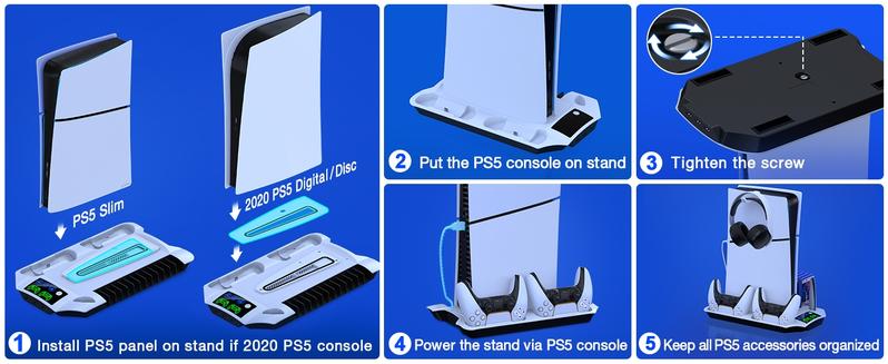 PS5 Slim Stand and Turbo Cooling Station with Dual Controller Charger Station for Playstation 5, PS5 Console Accessories with 3 Levels Cooling Fan 13-Game Organizer Headset Holder for PS5 Digital/Disc