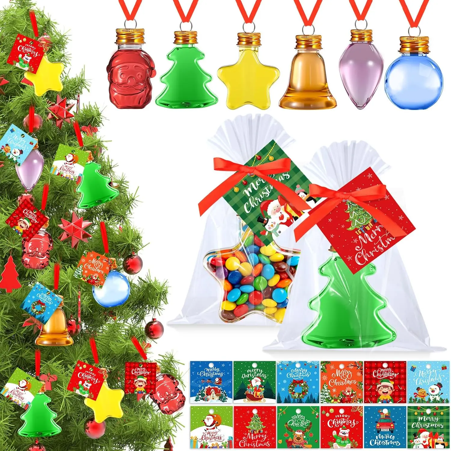 24 Sets Christmas Fillable Balls Bottles Christmas Tree Ornaments with Tags Ribbons DIY Fillable Balls Candy Servers Plastic Santa Claus Bulb  Ornaments Xmas Winter Holiday Party Favors