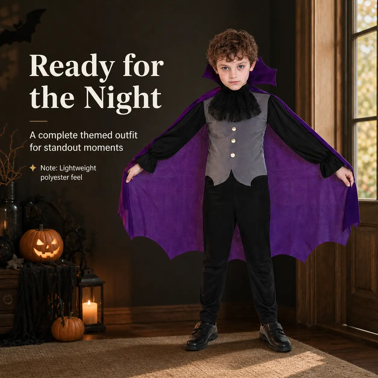 Boys' Gothic Fantasy Vampire Prince 3-Piece Halloween Costume Set - Lightweight Poly Bat-Hem Cape, Long-Sleeve Shirt, Elastic-Waist Pants - All Seasons Outfit for Halloween Party, School Stage Performance