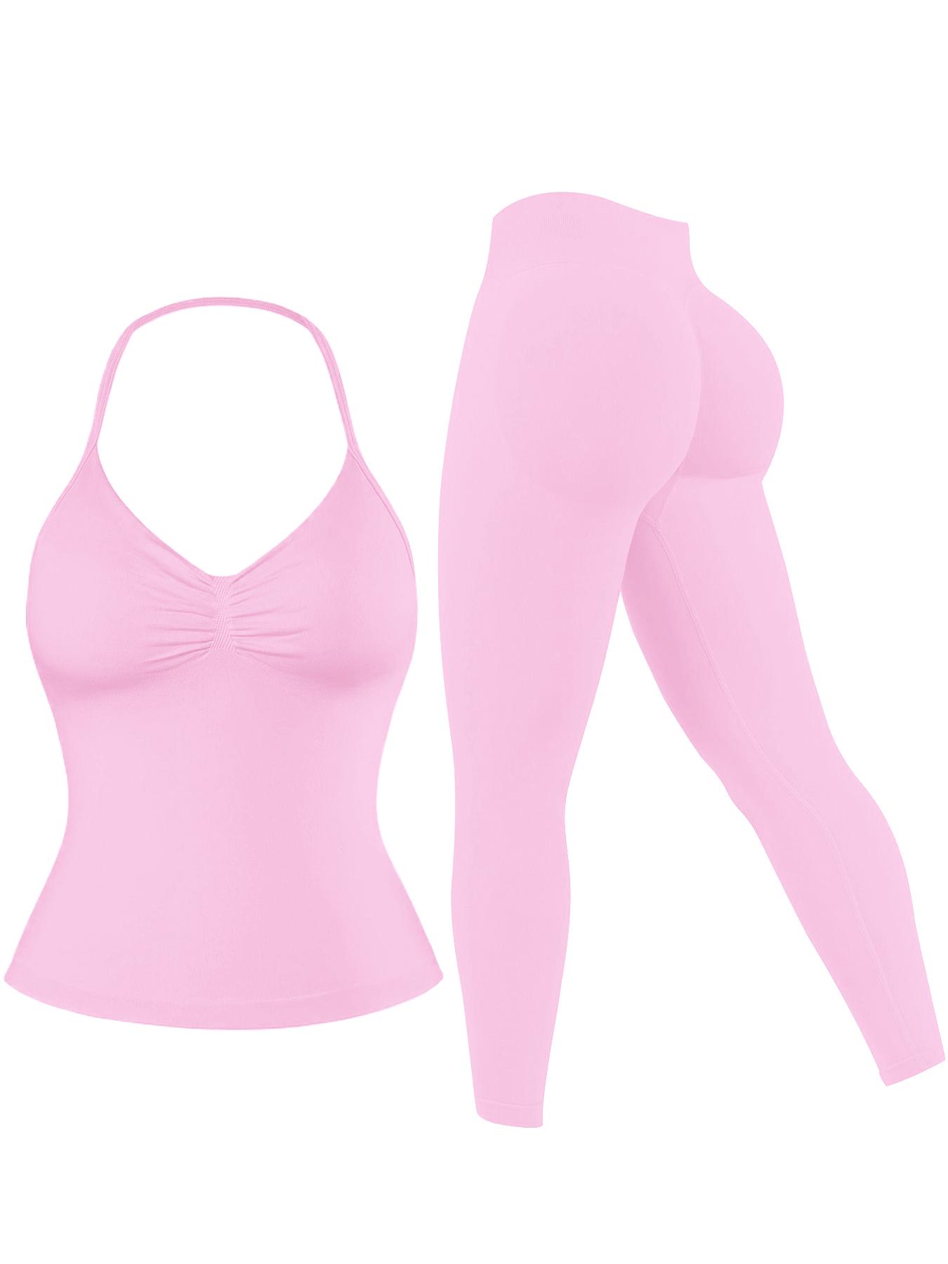 Women's Solid Halter Neck Sports Top & Leggings Set, Sporty Casual Breathable Two-piece Set for Yoga Gym Workout Running, Ladies Sportswear for All Seasons Workout Running Outfits