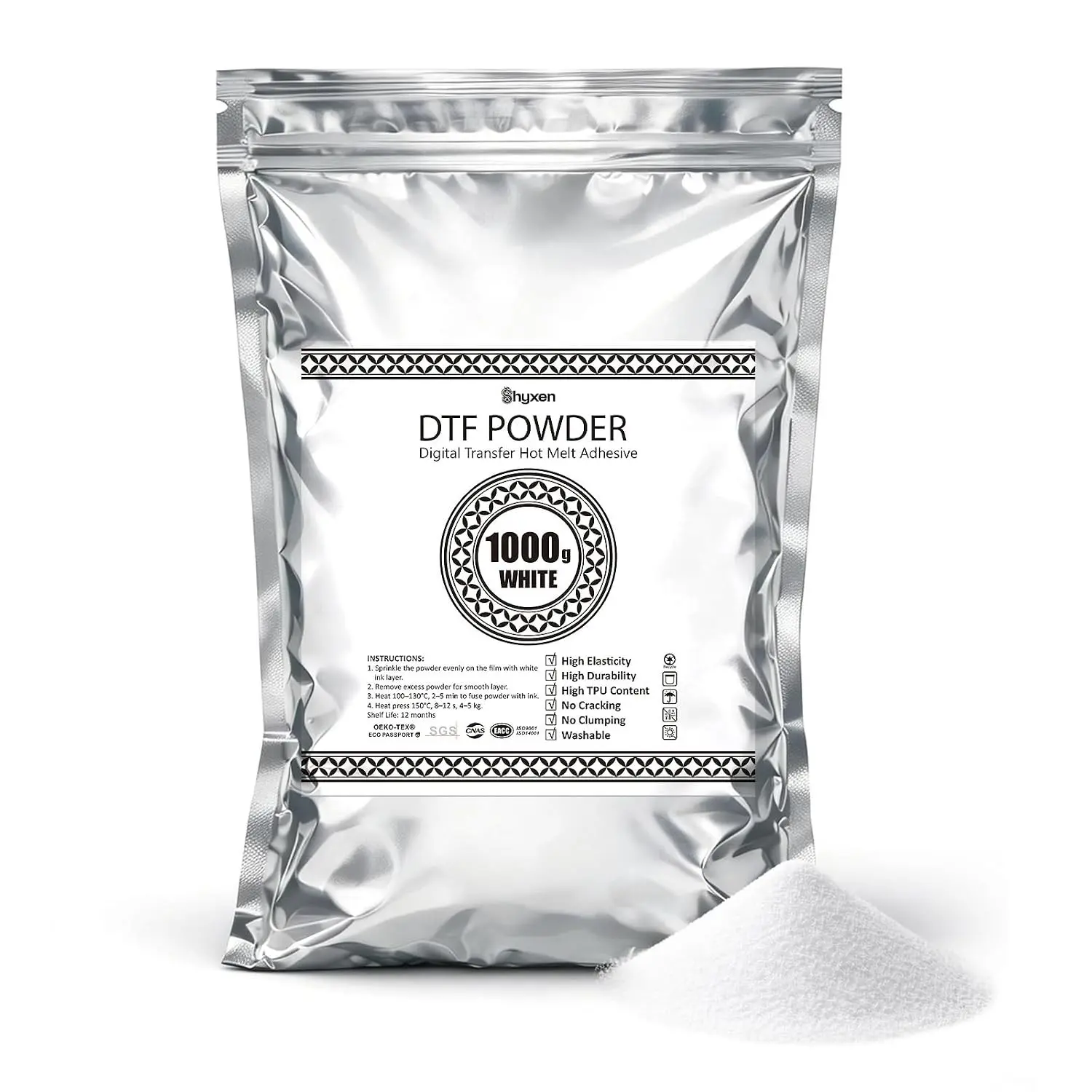 DTF Powder White 1000g, Premium Hot Melt Adhesive for Digital DTF Printing, Medium-Fine 80–200μm, Strong Adhesion, Smooth Finish for All Fabrics