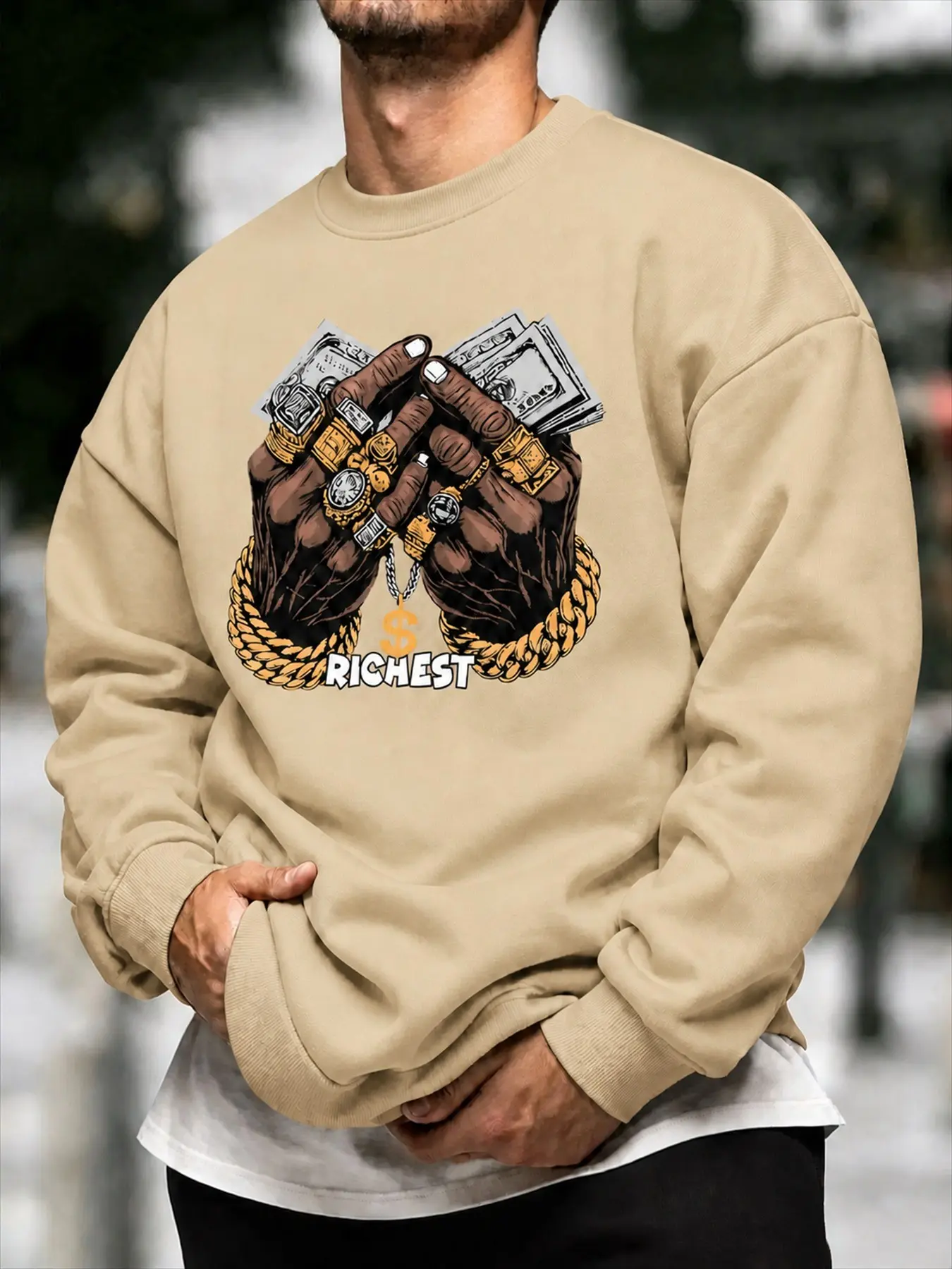 Men's Money and Jewelry Graphic Sweatshirt, Crew Neck Long Sleeve Pullover, Casual Loose Fit Streetwear Top in Multiple Colors for Spring and Fall#MensSweatshirt #MoneyGraphic#JewelryPrint #GraphicSweatshirt#CrewNeckSweatshirt#LongSleevePullover #LooseFit