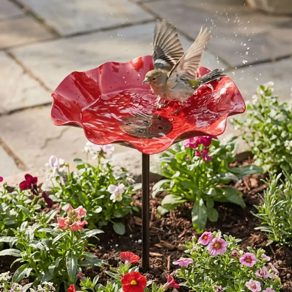 2026 New Handmade Metal Flower Garden Stake, Bee Watering Station, Colorful Butterfly Bee Birds Pollinator Bath Bowl, Decorative Outdoor Yard Decor, Garden Accessories