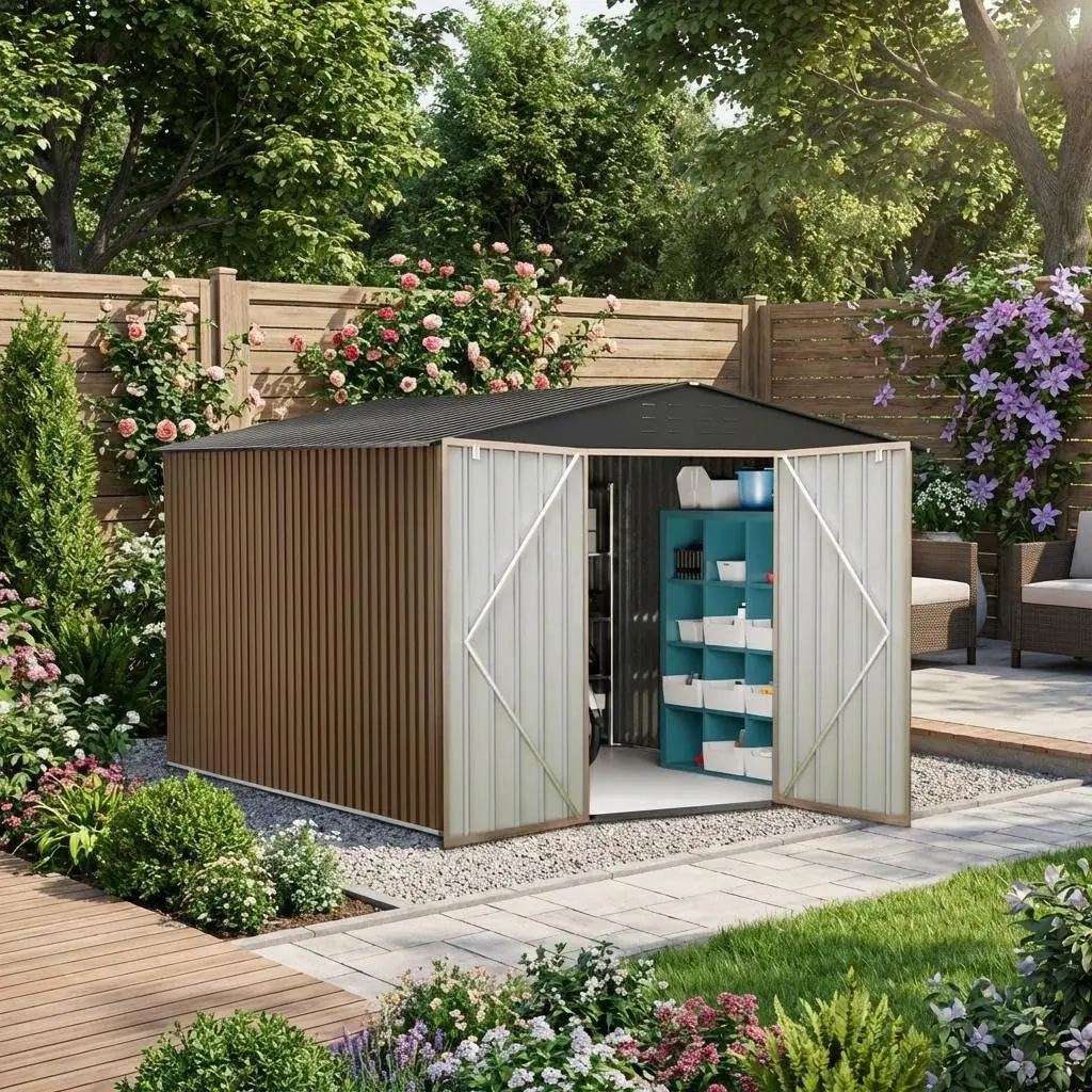 10 x 12 Ft Galvanized Steel Outdoor Storage Shed With Lockable Doors for Garden Tools, Yard, and Patio Gear Storage