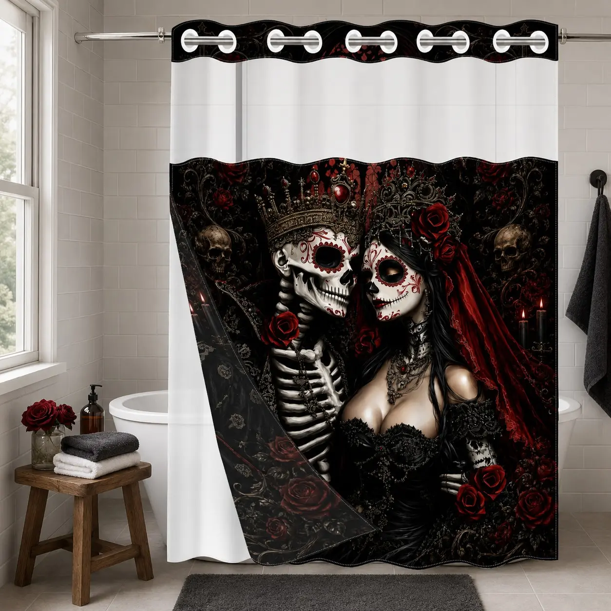 1 Pc Hookless Double Layer Shower Curtain with Snap-in Liner, Gothic Sugar Skull Couple Red Rose Crown Print, Waterproof & Mold Resistant Bath Curtain with Mesh Top Window, Day of Dead Halloween Bathroom Decor for Apartment Home Hotel Dorm