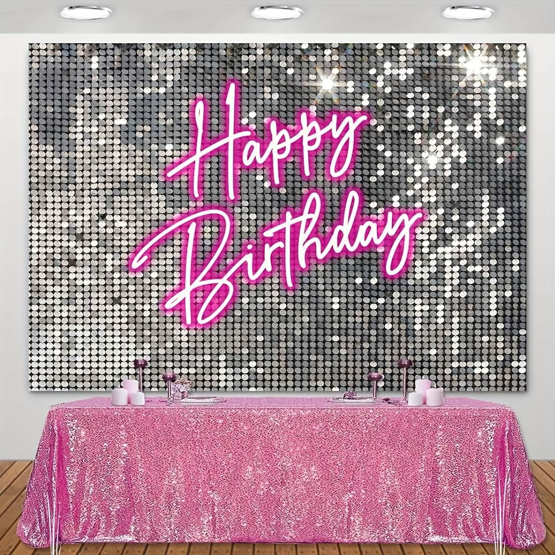 Sparkling Pink Neon Birthday Backdrop - Premium 100% Polyester Soft & Glitter Photography Banner with "Happy Birthday" Text - Perfect for Women's Milestone Parties, Photo Booths & Home Decor