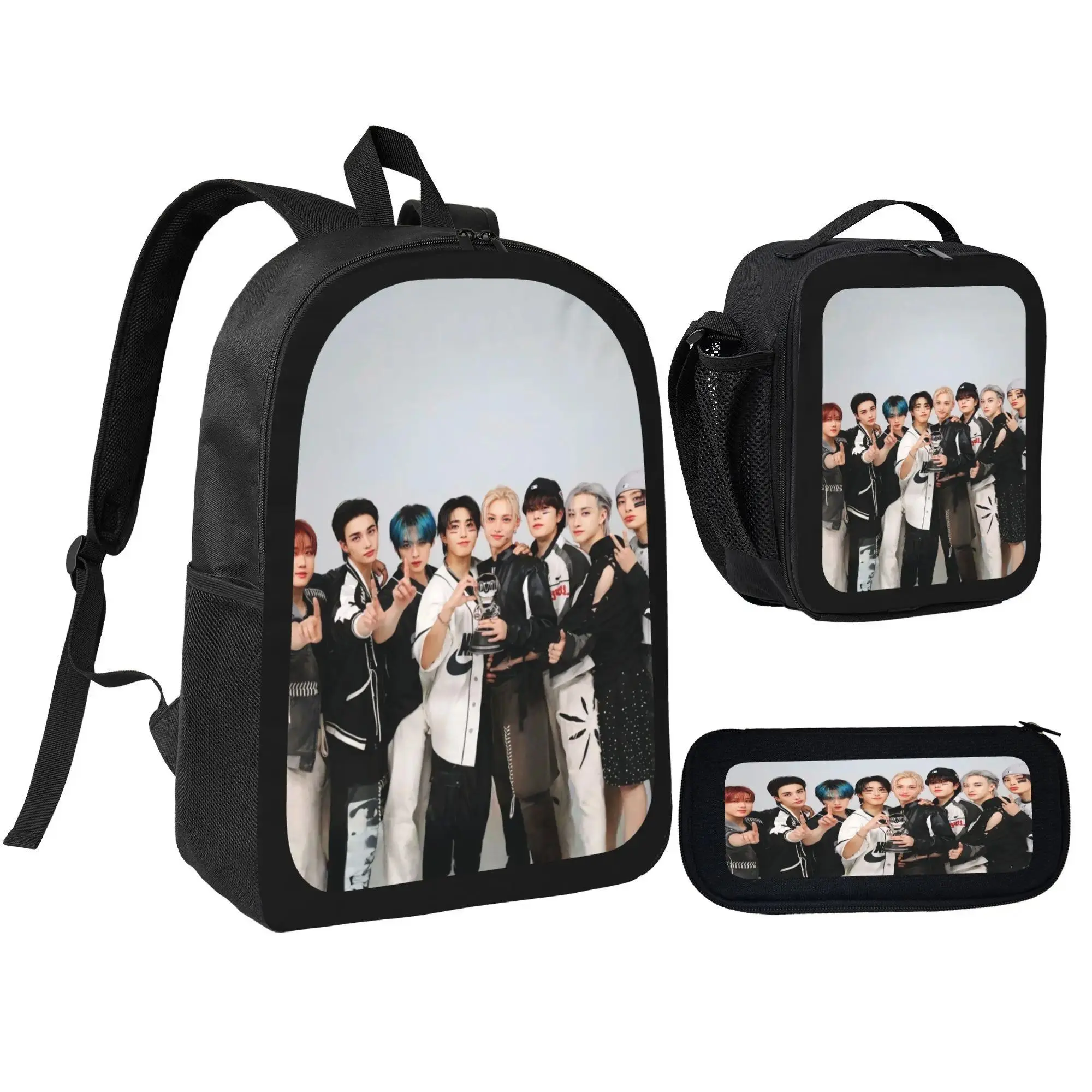 3 in 1 K-pop Idol Themed School Supplies Set, Trendy Idol Printed Backpack with Insulated Lunch Pouch and Stationery Bag, Durable Premium Fabric Daypack for Kids Teens Boys Girls K-pop Lovers