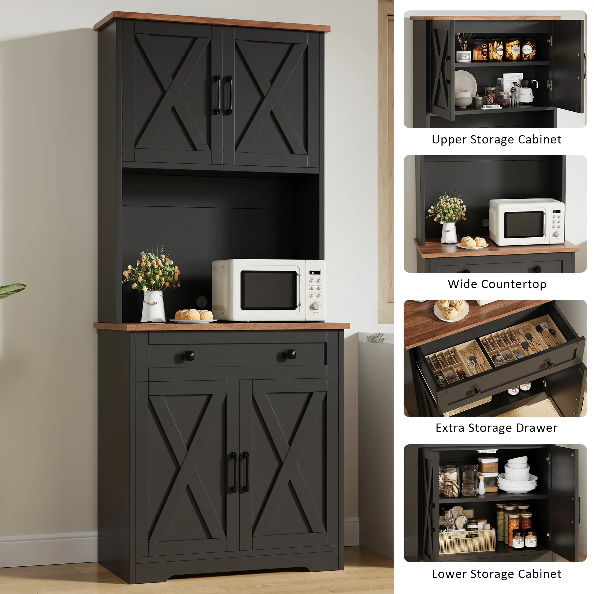 71" Pantry Cabinet, Tall Kitchen Storage Cabinet with Charging Station, Microwave Stand & Farmhouse Design for Kitchen, Dining Room & Living Space