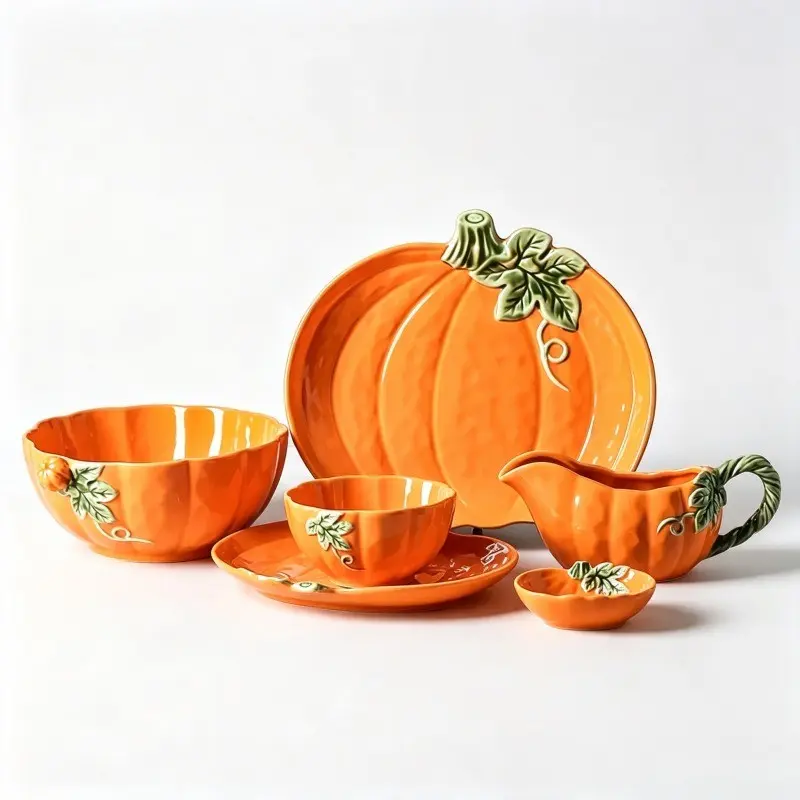 1/6Pcs Ceramic Pumpkin Dinnerware Tableware Set Cozy Farmhouse Autumn Thanksgiving Aesthetic Orange Glazed Embossed Green Leaf Handle Gravy Boat Platter Home Kitchen Table Decor Party Gift