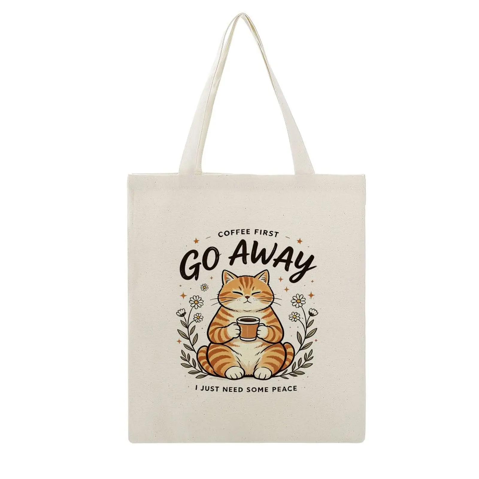 15.8*13.4in Canvas Tote Bag, Coffee First Go Away Cute Orange Tabby Cat Holding Coffee Cup Daisy Floral Print Natural Canvas Shoulder Bag, Funny Introvert Coffee Lover Reusable Grocery Handbag