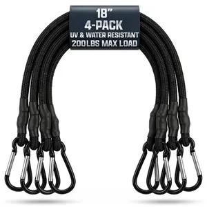 4 count Heavy Duty Bungee Cords with Carabiner Hooks - 18", 200 Lbs Load, Latex & Braided Rubber Cord, Anti-Rust Steel Carabiner Bungee Cord,  | Camp, , RV, Kayak |  & Outdoor Use
