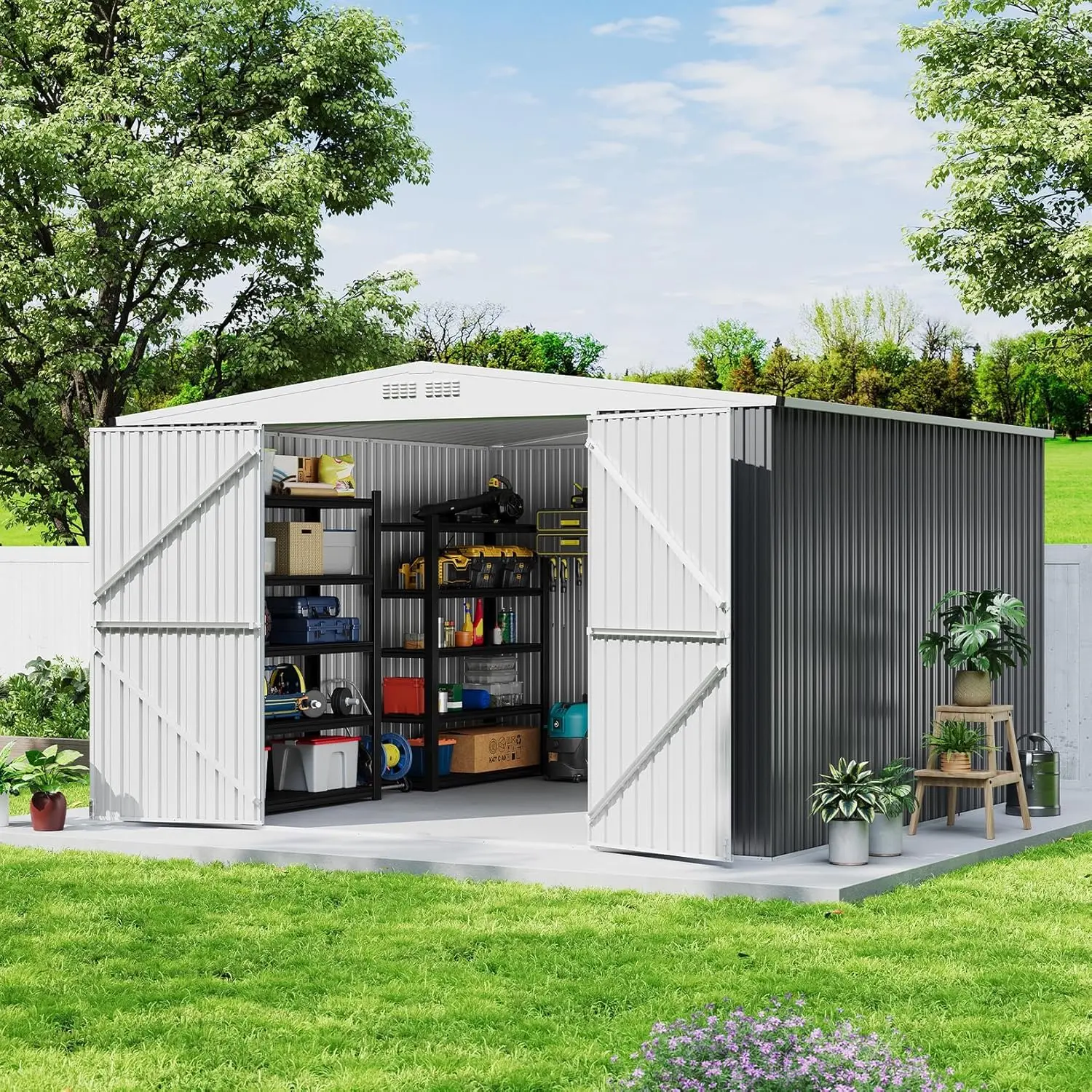 GARVEE 8.9x12.6FT Metal Storage Shed, Outdoor Waterproof Storage Shed with Lockable Slide Doors & 2 Windows, Utility and Tool Shed with Slooping Roof for Garden Backyard Lawn