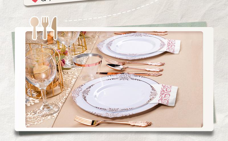 Rose Gold Plastic Plates Set for 50 Guests 100 Disposable Plates 150 Silverware 50 Cups 50 Napkins Elegant Vintage Trim Perfect for Christmas Party Wedding Birthdays & Anniversary