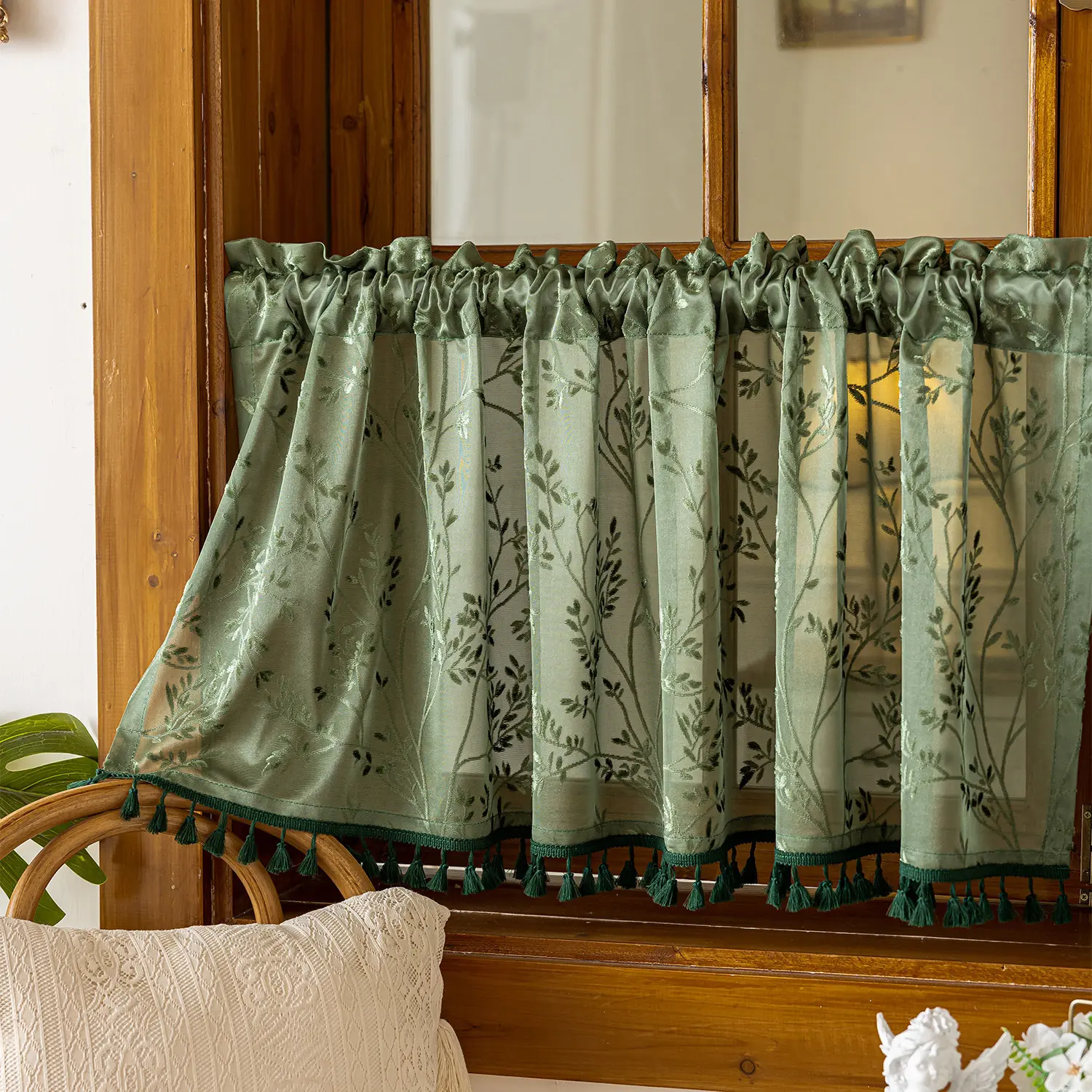 Boho Embroidered Sheer Cafe Curtains With Tassel Trim, Farmhouse Leaf Pattern Short Window Panels, Rod Pocket Voile Valance For Kitchen, Bathroom & Small Indoor Windows