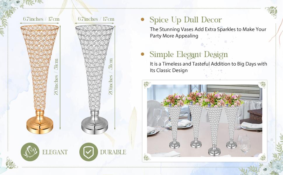 Rtteri 4 Pcs Crystal Trumpet Flower Vase 20 Inch Tall Wrought Iron Crystal Vase Flower Stand Centerpieces Wedding Table Vases Decor for Home Anniversary Ceremony Party Event Christmas (Silver)