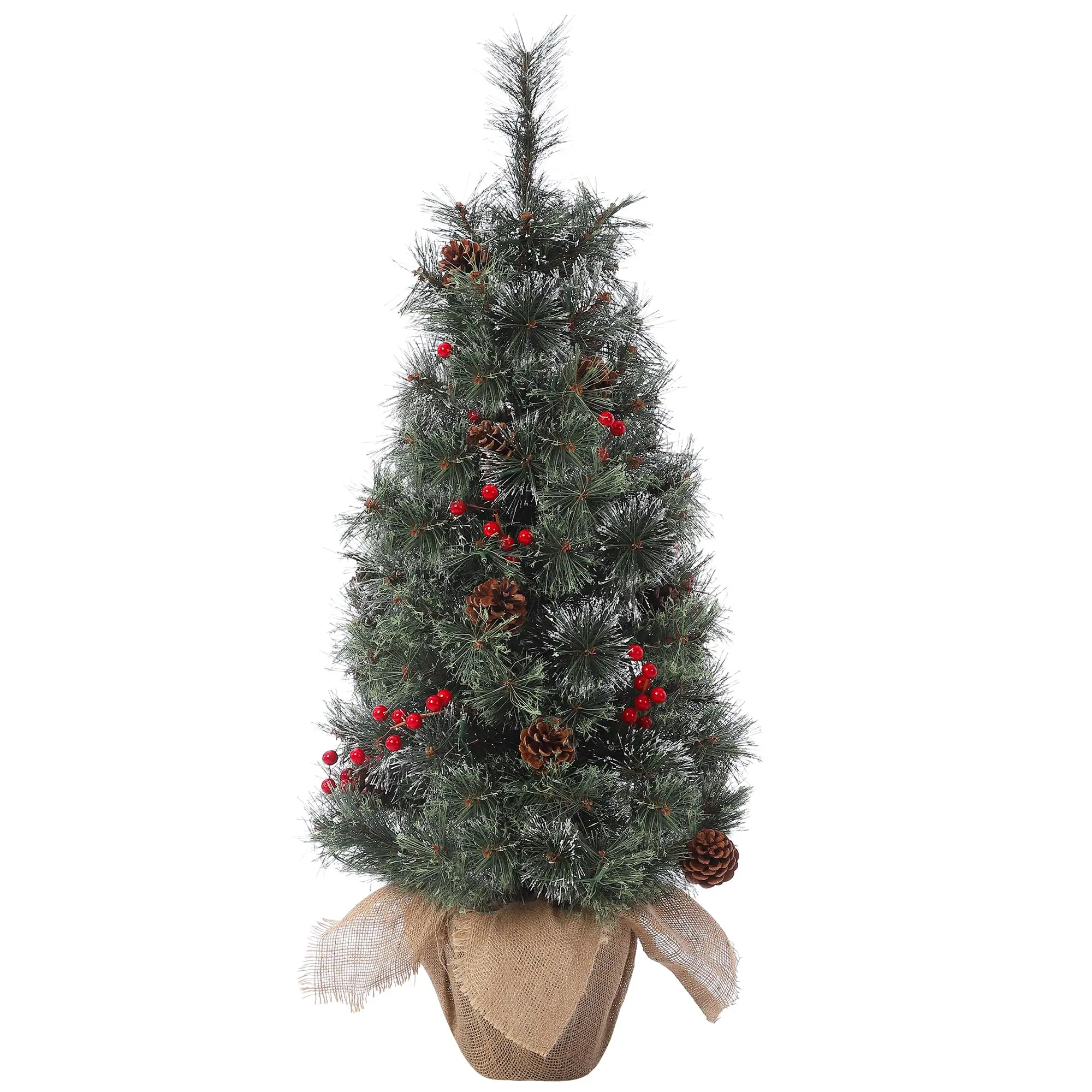 Pre-Lit 3ft Artificial Christmas Tree - 78 Warm White LED Lights, Red Berries, Pine Cones, Snow Flocked Tabletop Holiday Decor - Burlap Base Mini Xmas Tree for Home