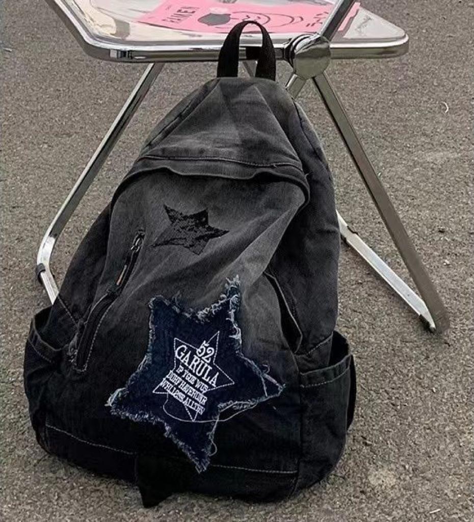 Y2K Korean Casual Denim Backpack Fashion Star Pattern Large Capacity Student Schoolbag Teenagers Vintage Punk Travel Book Bag