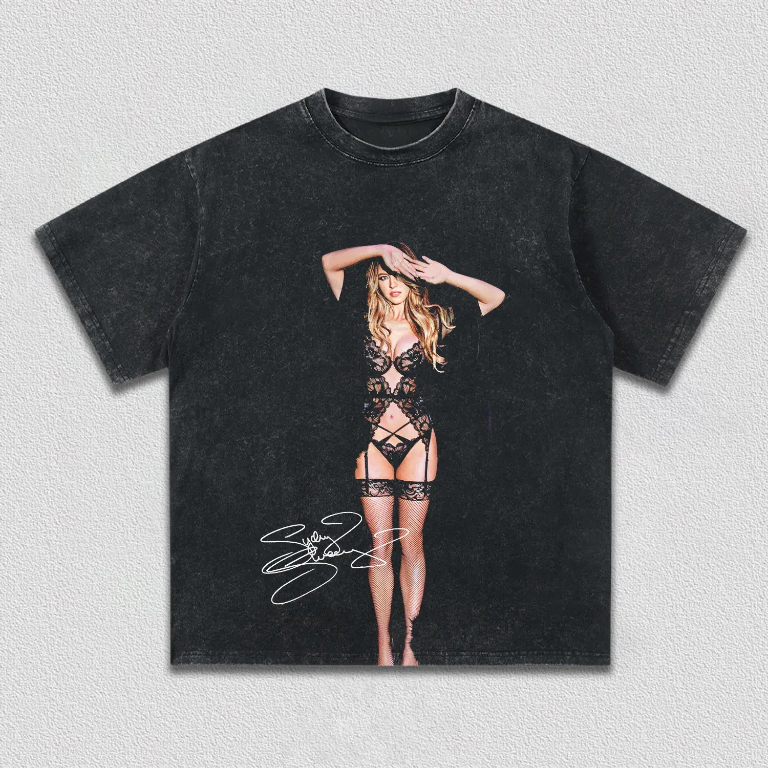 Full Body Blonde Female Portrait Print Black Lace Lingerie Fishnet Hosiery Graphic Bottom Left Cursive Autograph Layout Design Fashion Female Pop Culture Streetwear T-Shirt, Vintage Washed Retro Distressed Dark Acid Faded Black Crew Neck Unisex Tee