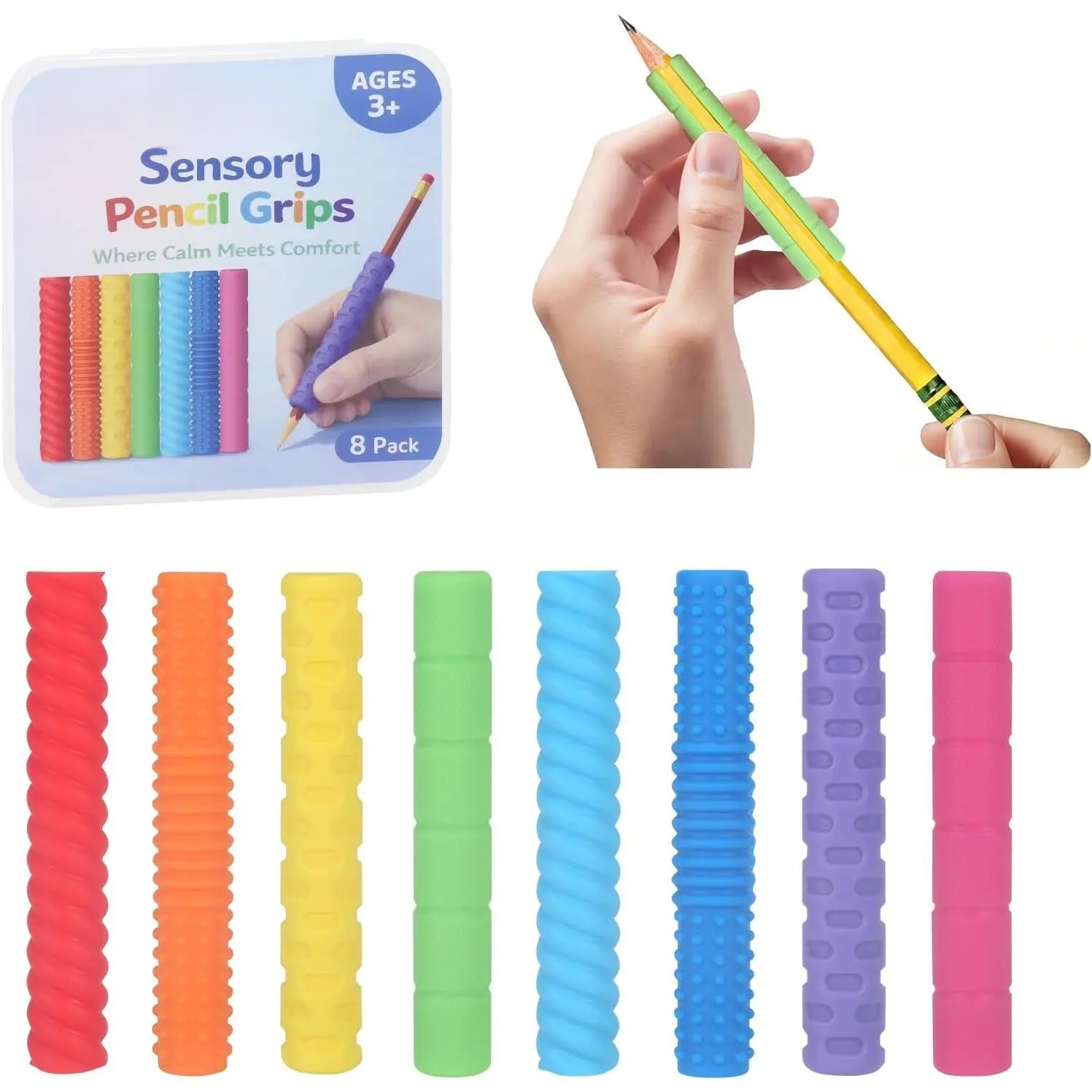 Textured Pencil Grips for  Handwriting, 8 Pack Pencil Fidgets & Pencil Grippers with Side Opening,  &  Sensory Tools for Classroom, Quiet Fidget for School, Pen Grips for Adults
