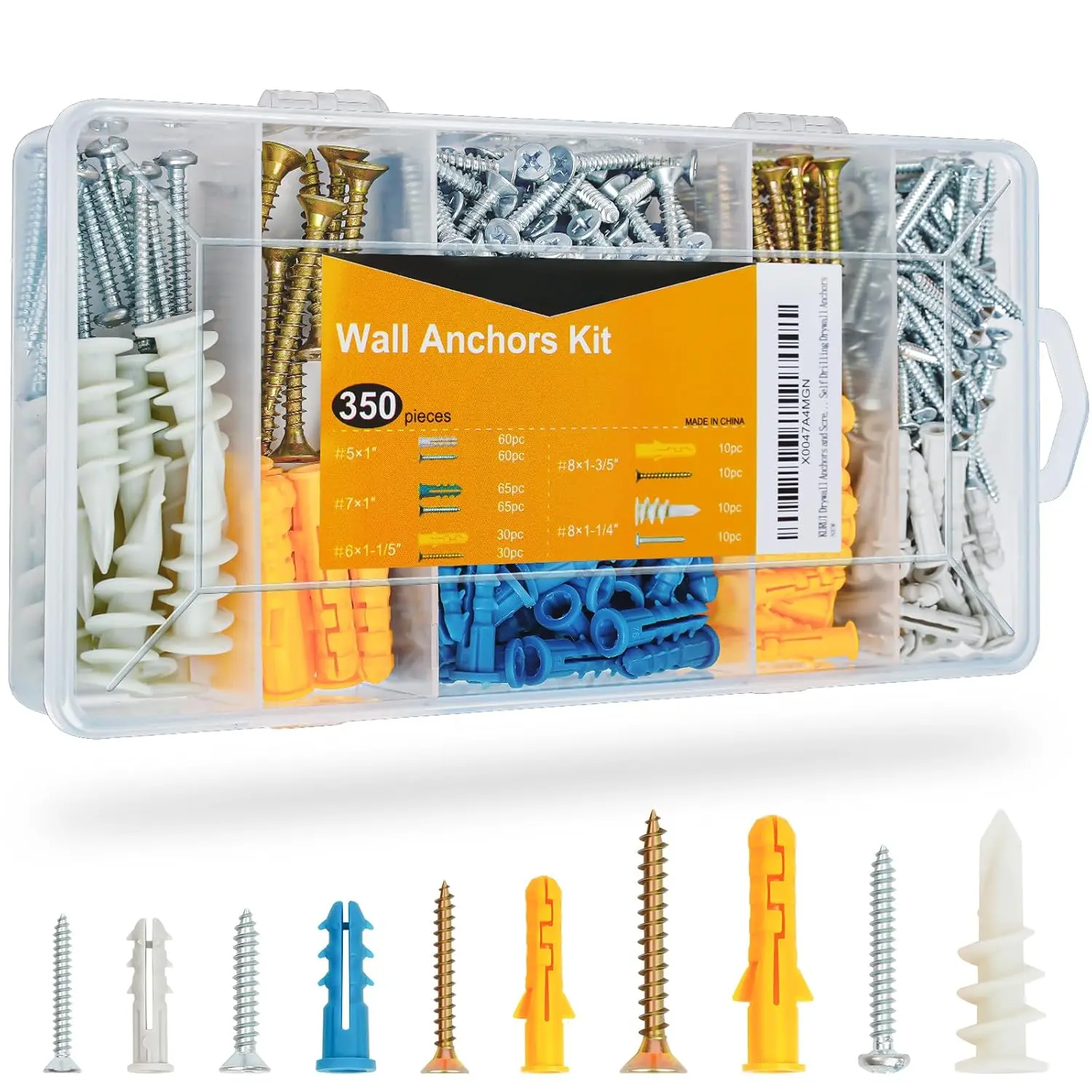350Pcs Assorted Sizes Plastic Drywall Anchors & Flat Head Screws Kit, for Sheetrock, Concrete, Brick, Picture Hanging, Wall Decor in Bedrooms/Offices, Housewarming New Home Gifts