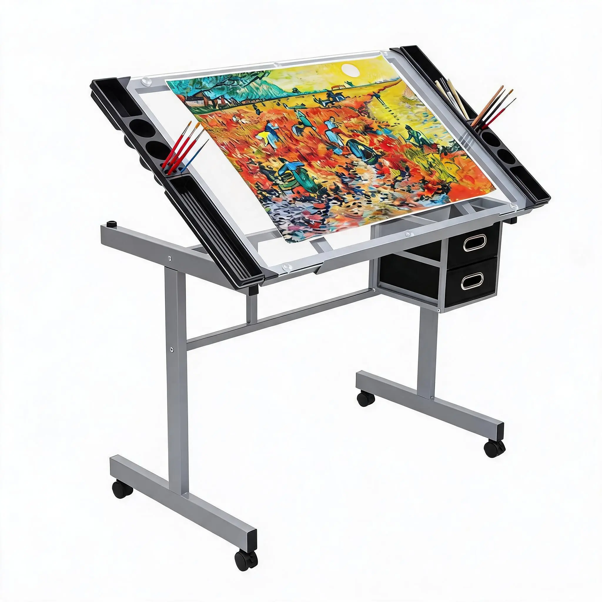 GARVEE Rectangular Adjustable Glass Top Drafting Desk - 0-65° Tiltable Tabletop, 2 Storage Drawers, 4 Rolling Wheels, Mobile Art Computer Workstation for Artists