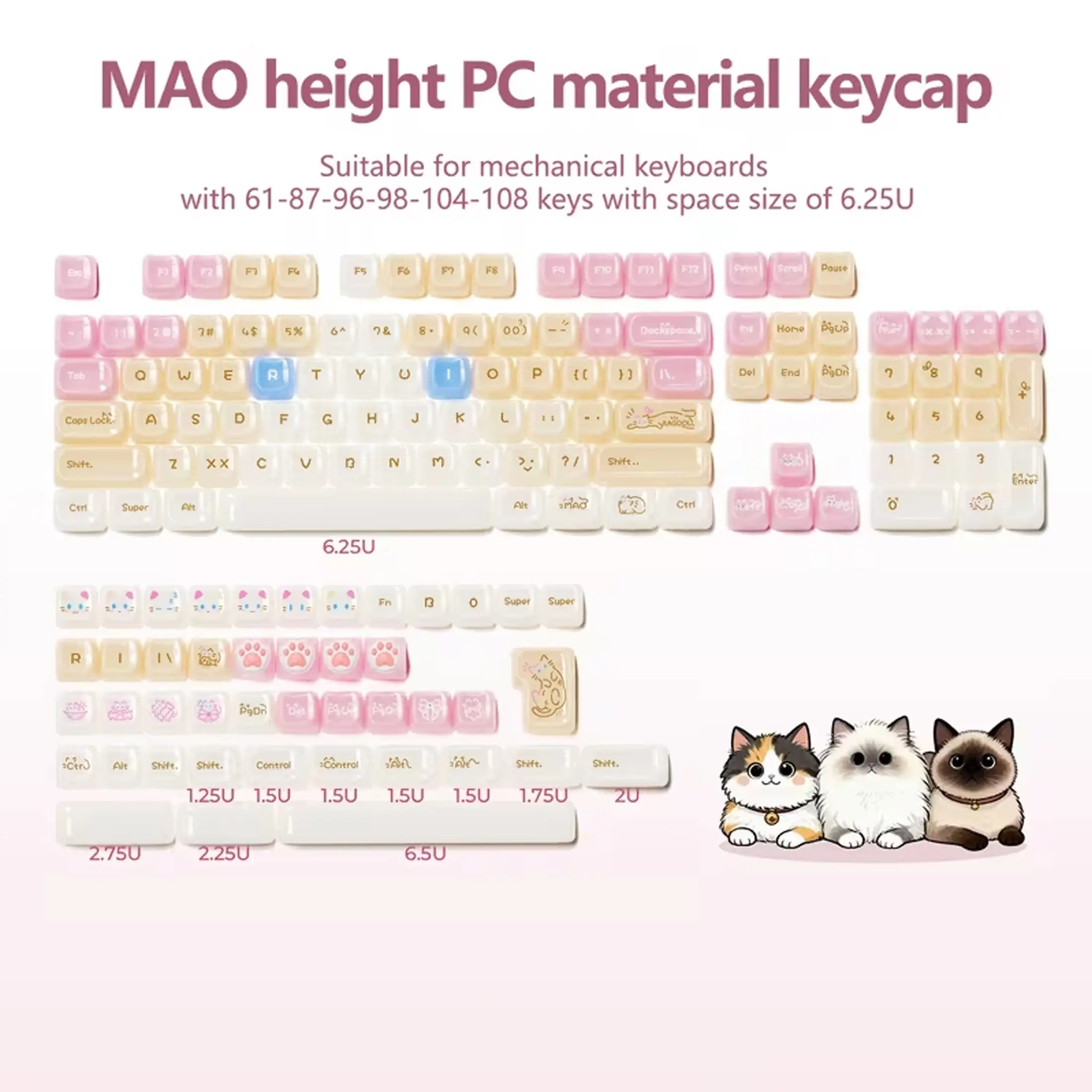 Jelly Jade Keycaps, Translucent Cute Ragdoll Cat Key Caps, Mao Profile, Custom 148 Keys Set for 100%, 75%, 65%, 60% Mechanical Keyboard