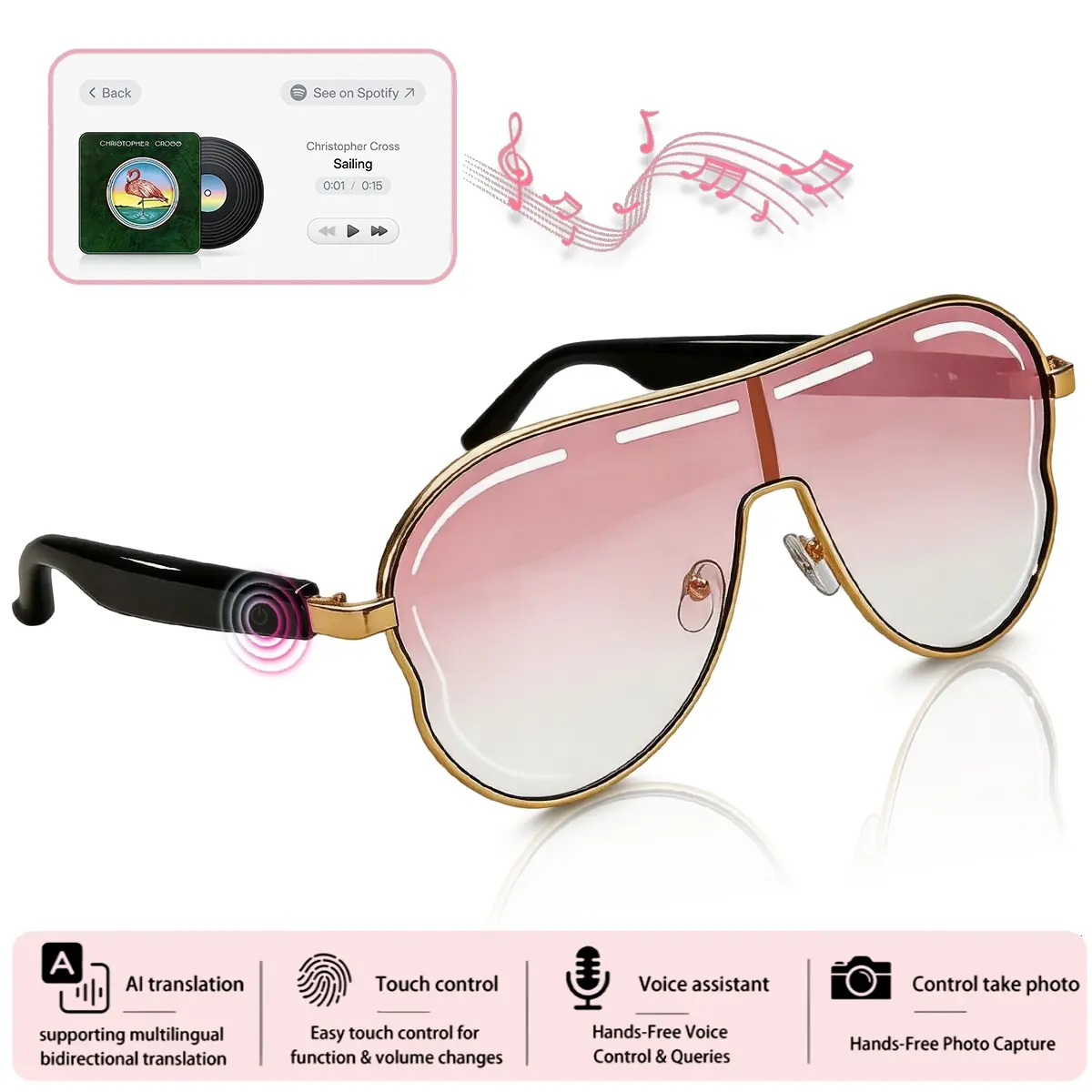 Bluetooth Audio Glasses for Women, AI Translator Sunglasses with Open-Ear Music, Smart Touch Control, Multifunctional Smart Glasses, Pink Lens UV Protection for Driving Hiking Travel