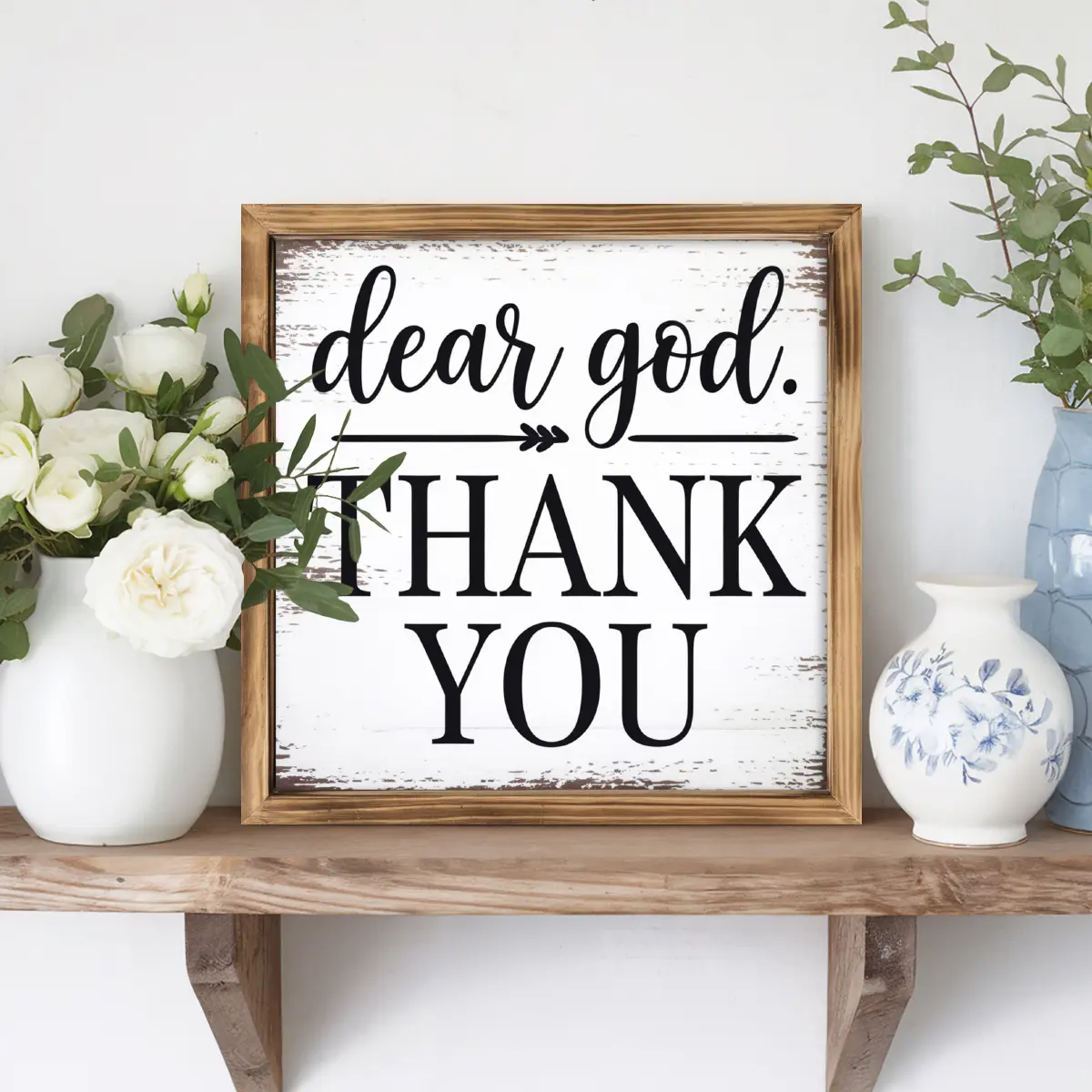 1pc Dear God Thank You" Rustic Farmhouse Wooden Framed Sign - 8x8 Inch Vintage Wall Art for Home Decor, Perfect for Bedroom, Kitchen, Bathroom, Office & Living Room - Ideal Housewarming or Christmas Gift