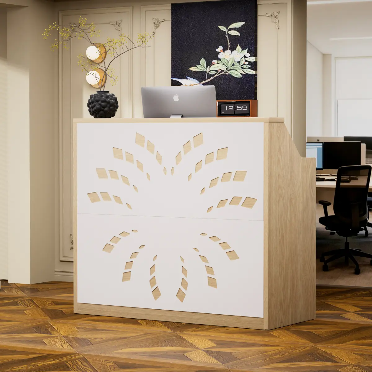 Wood White MDF Steel Frame Reception Desk with 3-Tier Lockable Rolling Storage Cart, Geometric Hollow Panel Built-In Wire Hole Charging Port Multifunctional Office Counter Workstation