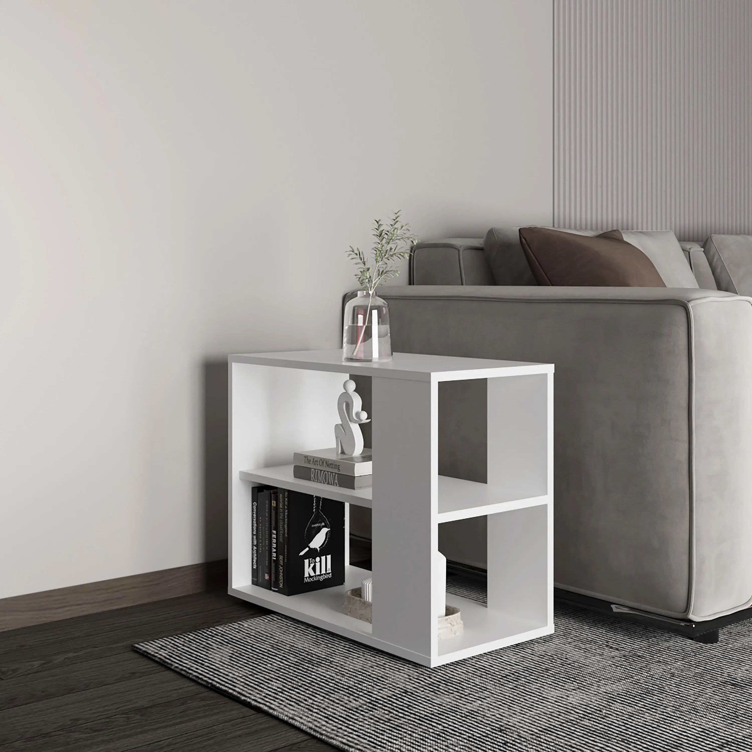 FSC Certified Nokaa Modern Minimalist Engineered Wood Sideboard Table - 4-Leg Base, 2 Shelves, Compact Storage Display Stand, Easy Assembly, for Living Room, Entryway, 23.6x11.8x19.7in, White Indoor Accent Furniture