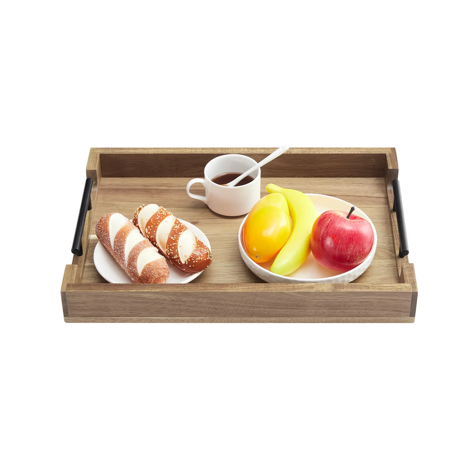 Large Acacia Wood Serving Tray with Metal Handles – 17x12 inch Multipurpose Ottoman Tray for Coffee Table, Sofa, Kitchen or Living Room – Rustic Wooden Food Platter Centerpiece for Breakfast, Parties, Storage