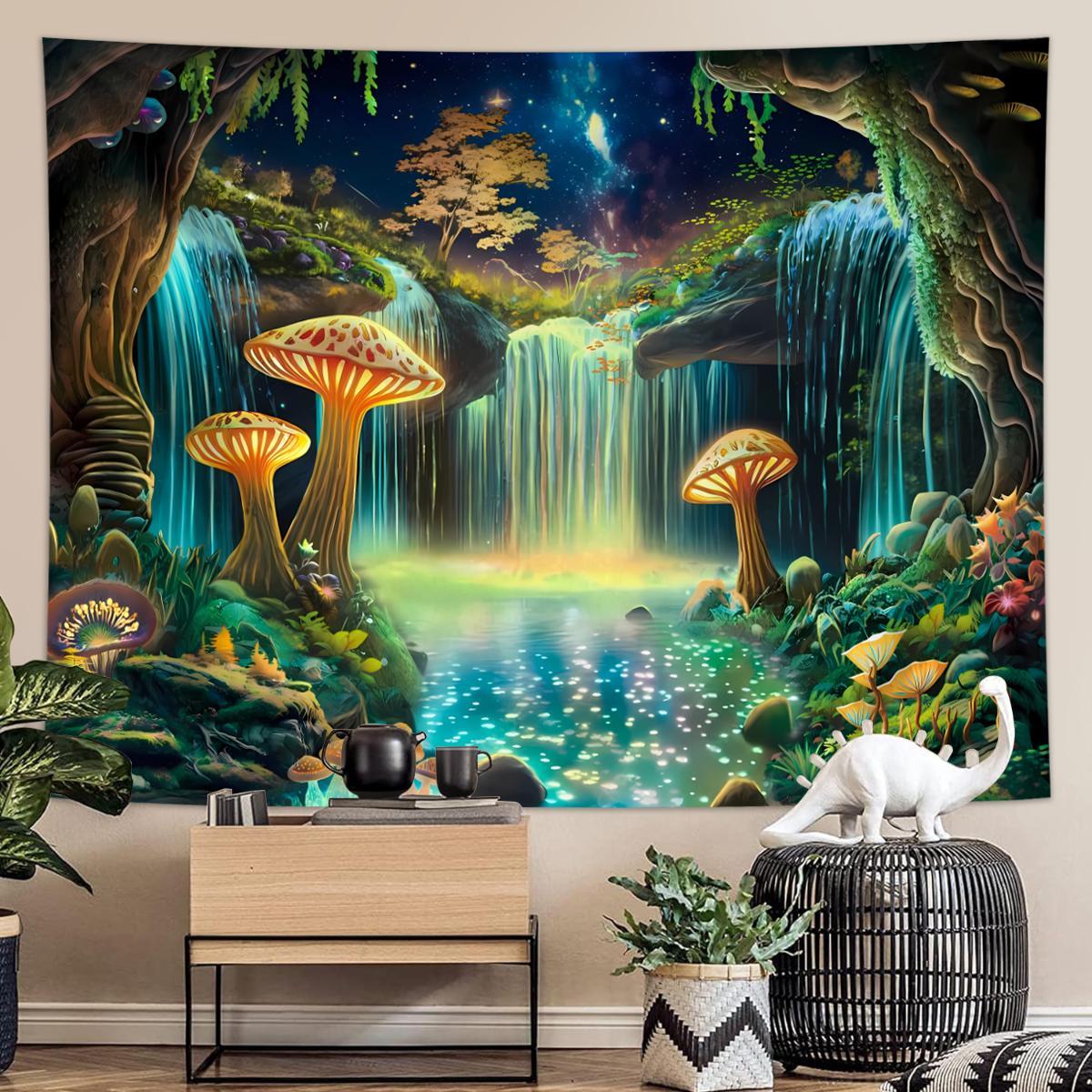 Fluorescent Mushroom Forest Starry Sky Pattern Tapestry, 1 Count UV Responsive Decorative Hanging Tapestry, Wall Hanging Decor for Home Living Room Bedroom, Home Decor