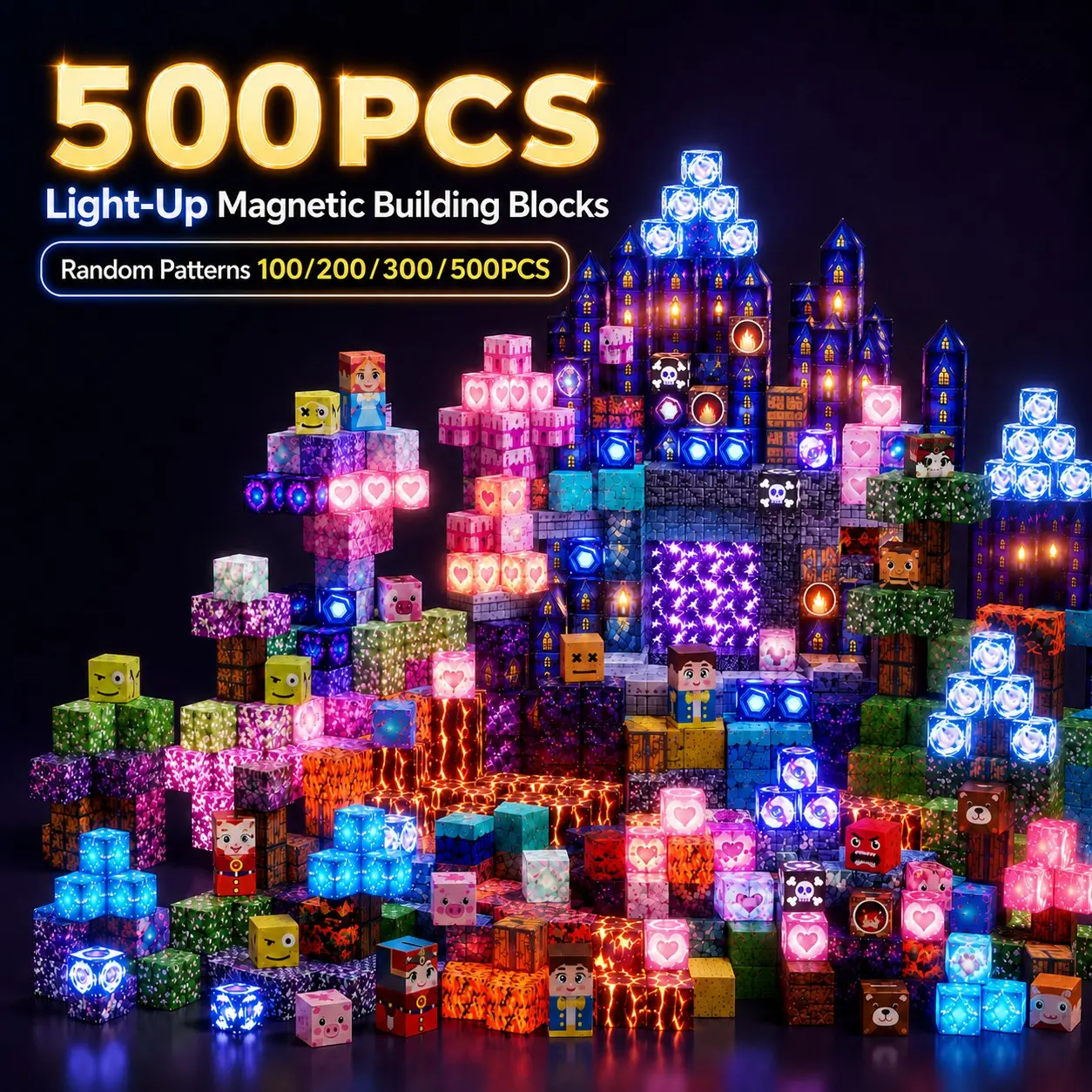 Random 100/200/300/500PCS Magnetic Building Cubes with Light Up Blocks, Magnetic Blocks for Kids, STEM Montessori Sensory Stacking Toys, Creative Construction Building Set, Educational 3D Puzzle Toy, Gifts for Boys & Girls Ages 3+, Building Kits