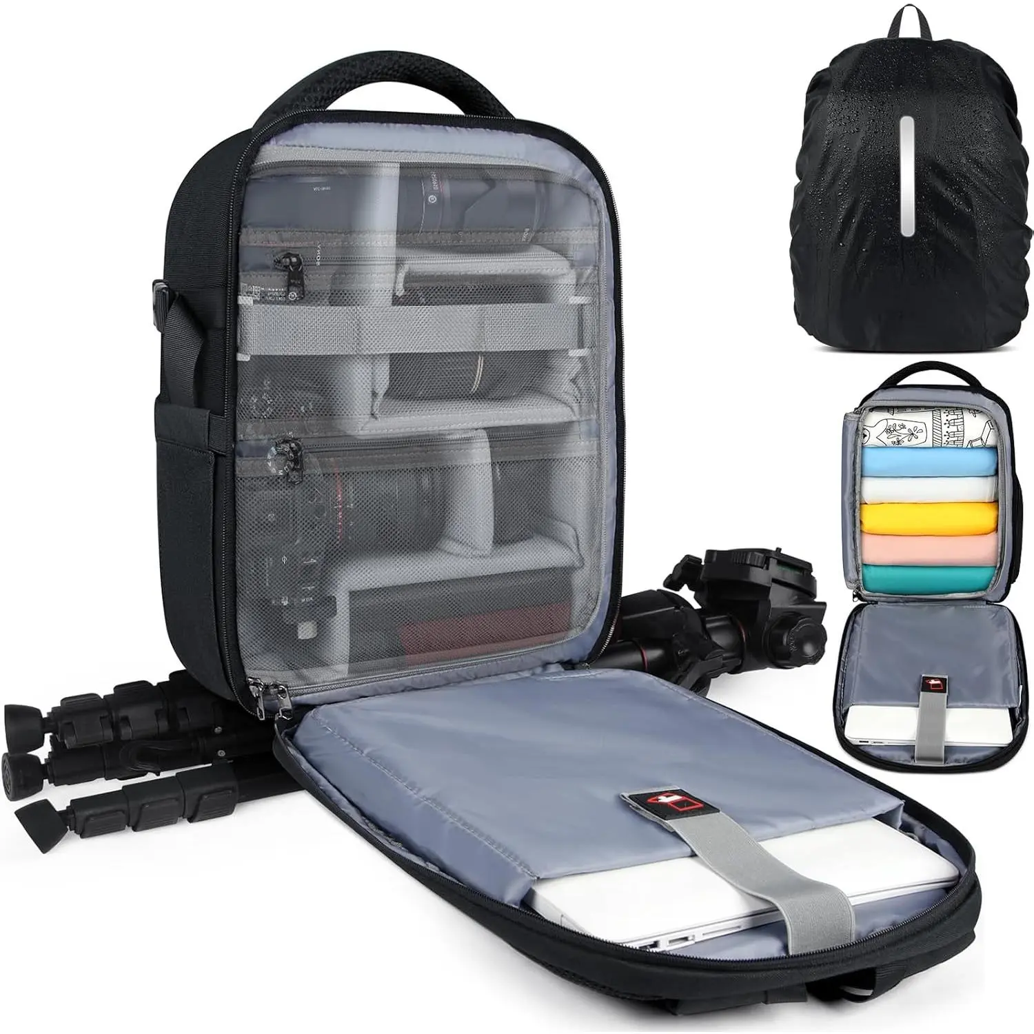 Camera Backpack for DSLR SLR Mirrorless Cameras - Professional 14 Inch Laptop Compartment  Photography Bag with Tripod Holder & Rain Cover for Travel & Hiking, Black
