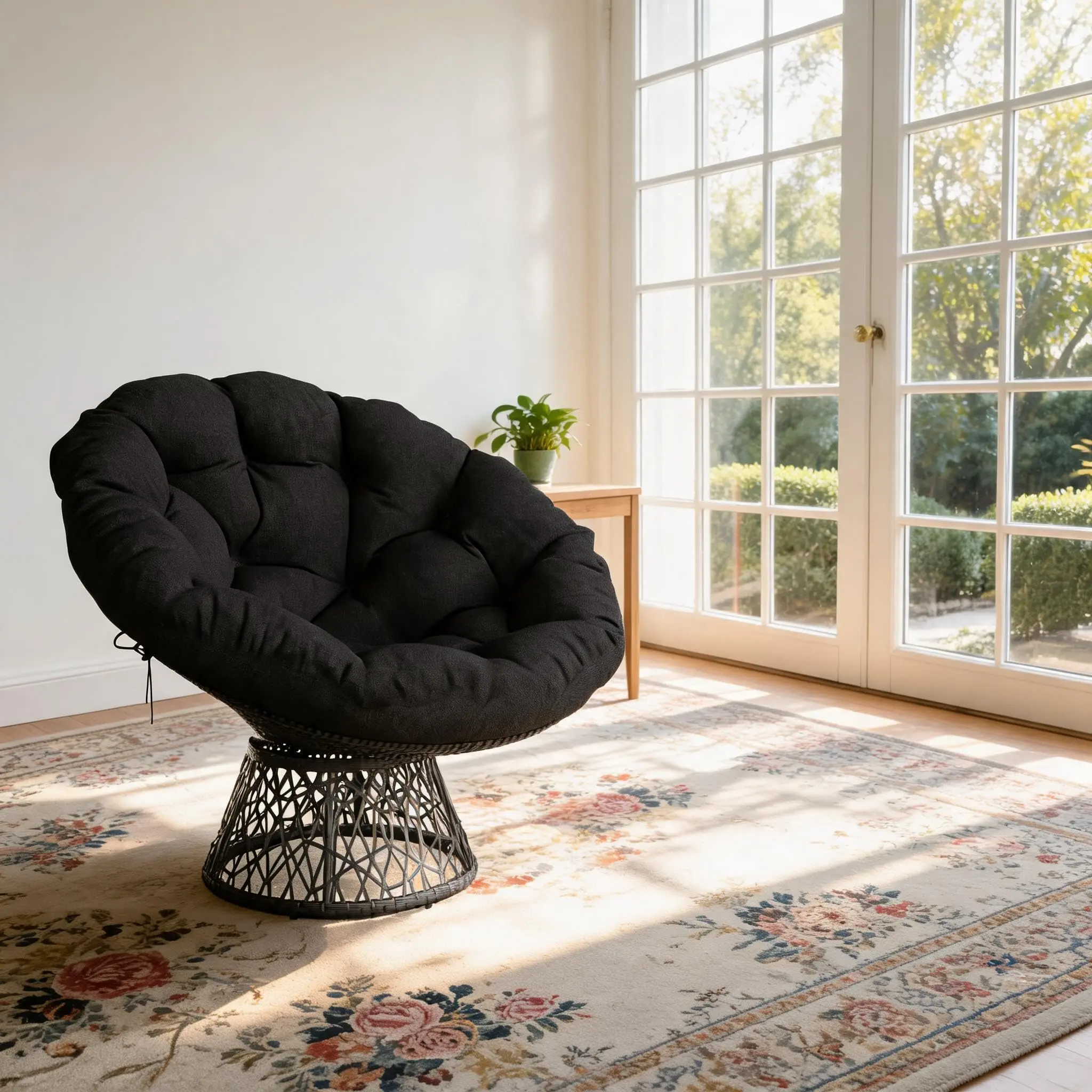【Garvee】Ergonomic Wicker Papasan Chair – with Soft Thick Density Fabric Cushion, High Capacity Steel Frame, 360° Swivel – for Living Room, Bedroom, Reading Room, Lounge