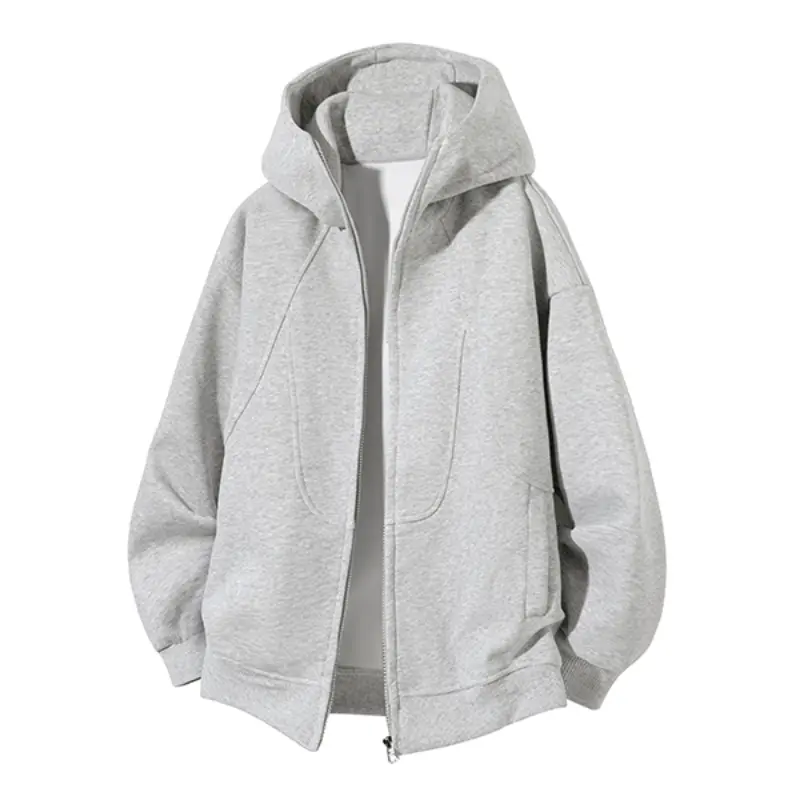 Full Zip Hooded Jacket, oversized loose silhouette, dual curved patch pockets, ribbed cuffs and hem, soft heather knit fabric, casual street outerwear for all seasons # SummerWins