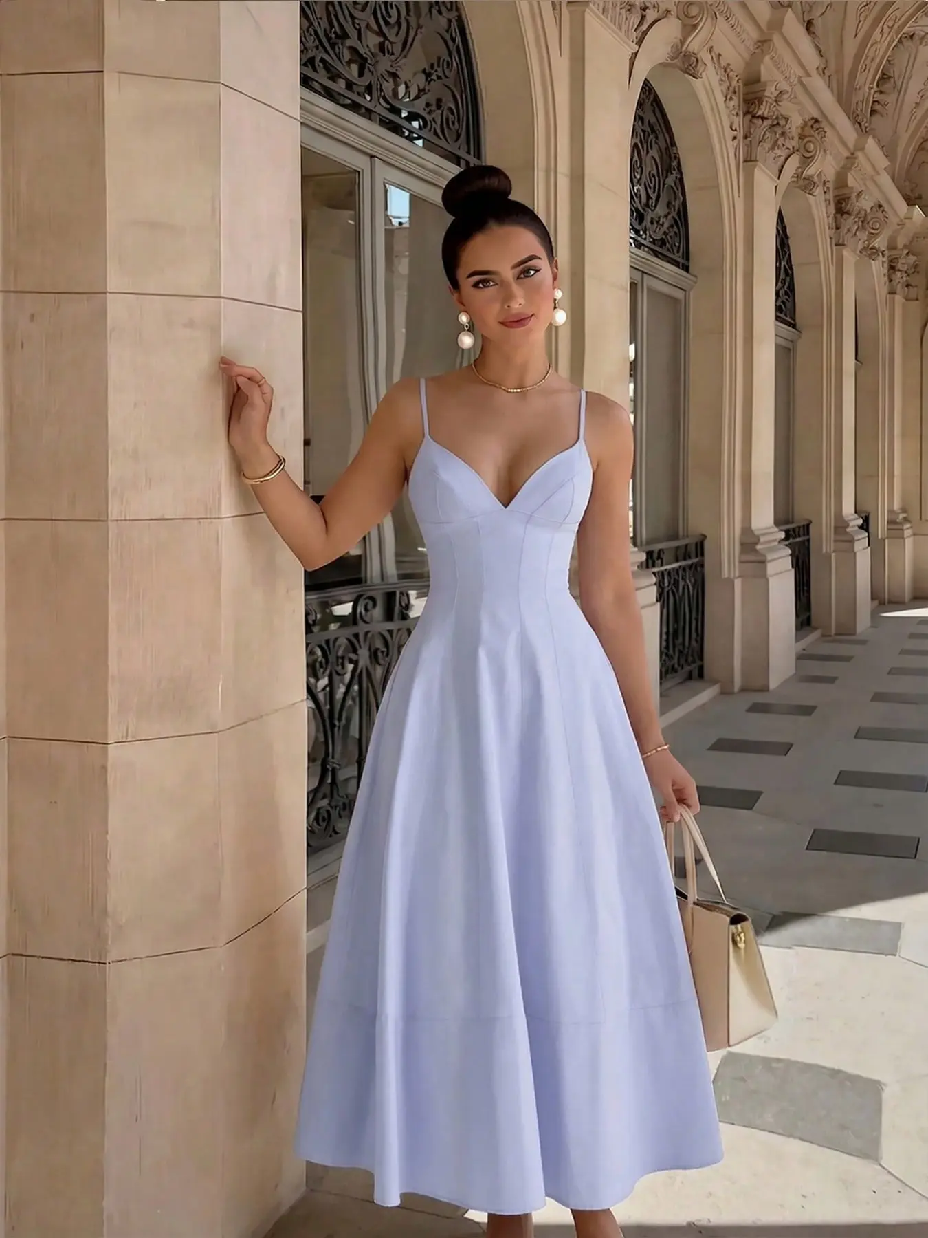 Ladies' solid color woven back strap princess line split a pose sexy elegant vacation dress