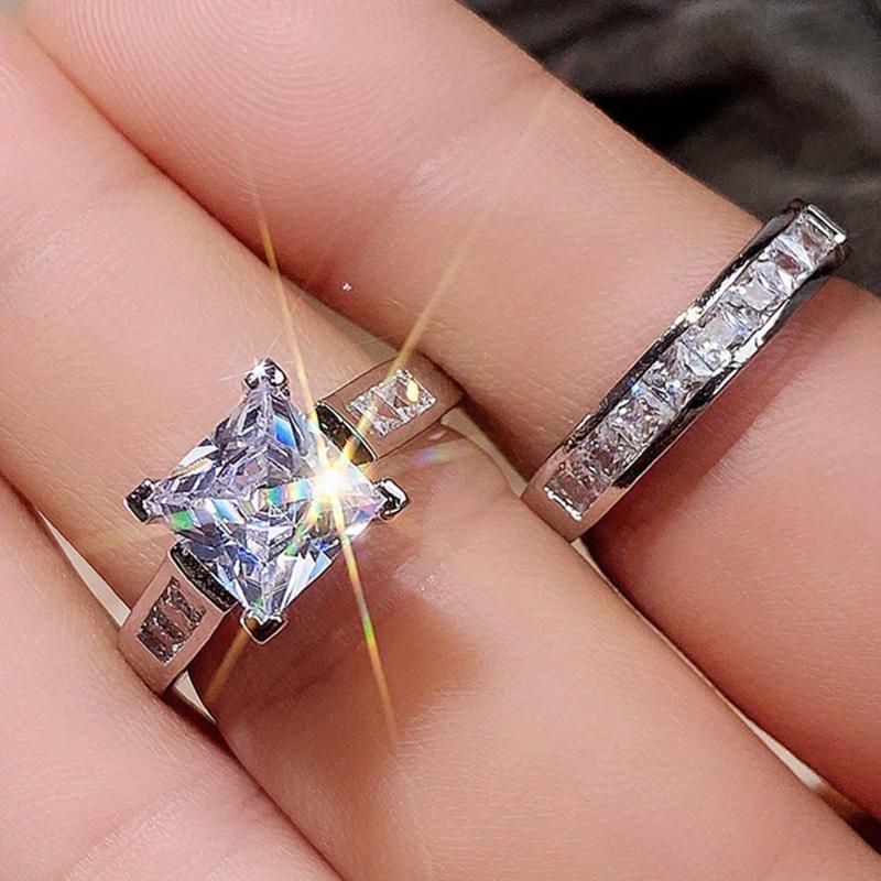 Fashion Sparkling Cubic Zirconia 2-Piece Ring Set for Women - Wedding & Engagement Jewelry, Romantic Couple Rings, Valentine's Day/Anniversary Gift, Party & Bridal Accessory