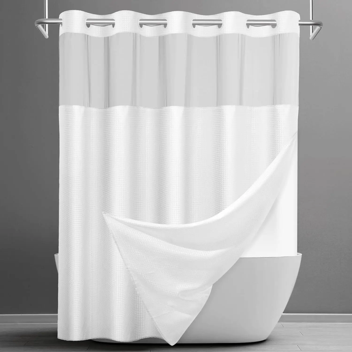 No-Hook Waffle Shower Curtain with Snap-In Waterproof Liner Set, Hotel-Style Fabric Bathroom Curtain, 71" W x 74" H, White, Standard Size