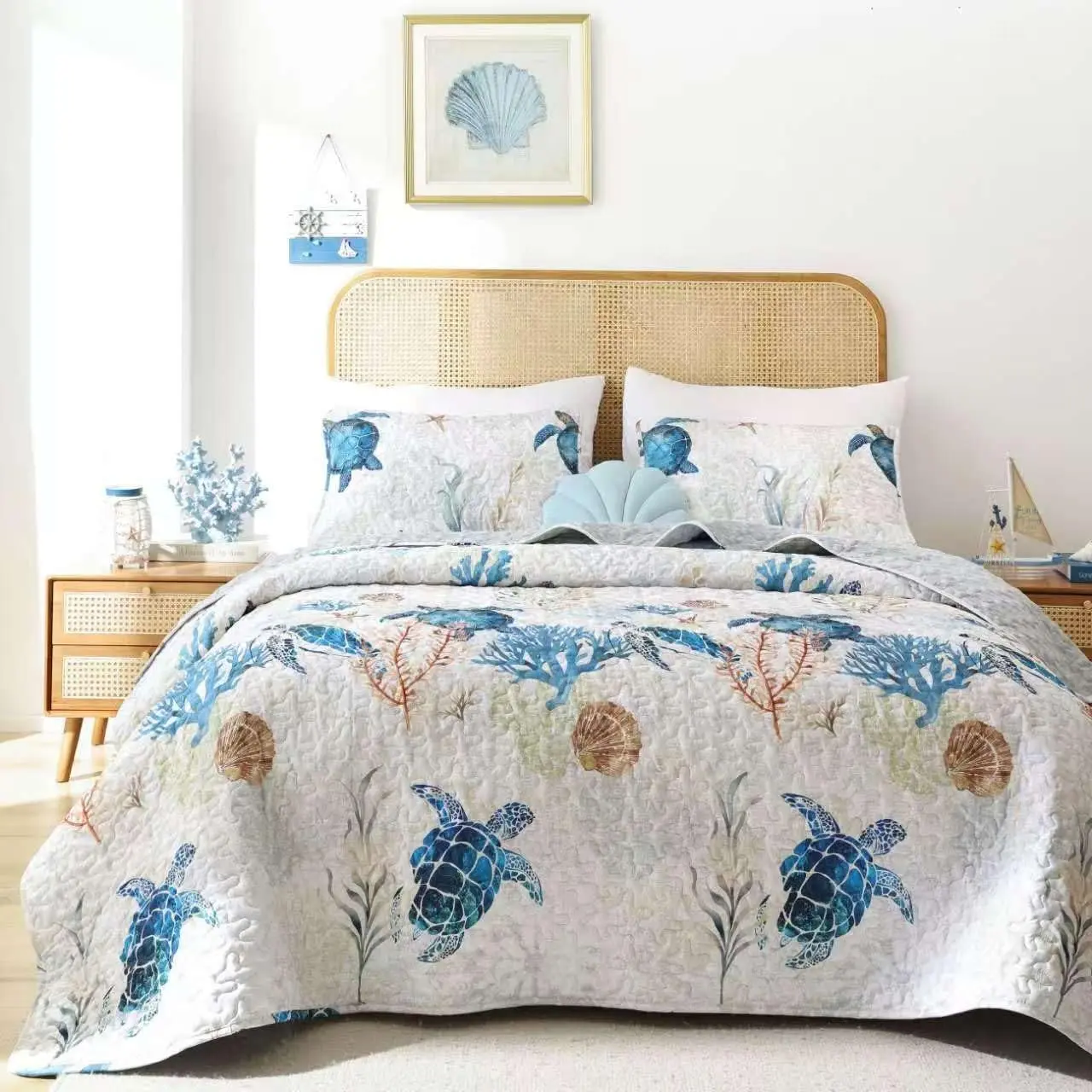 Coastal Quilt Set Queen Size - Lightweight Summer Bedspread with Sea Turlte Ocean Design - Soft Microfiber Coastal Bedding Coverlet for Beach House Decor