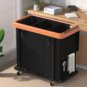 60 Gal (230L) 3 Section Laundry Hamper with Lid, Leather Patchwork Laundry Sorter with Rolling Lockable Wheels & Handle, Laundry Basket Organizer for Laundry Room Bedroom Bathroom - Black