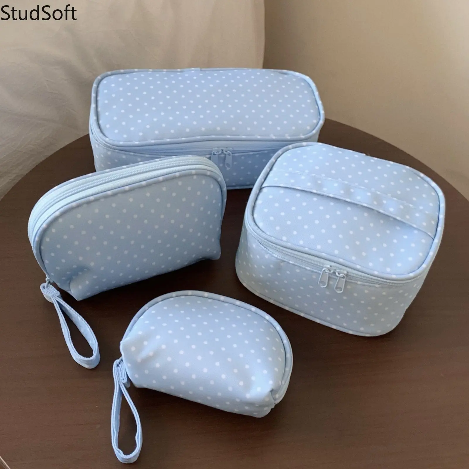 Women's Large Toiletry Bag Cute Polka Dot Fabric Cosmetic Organizer Travel Makeup Pouch Accessories Daily Storage Case Light Blue
