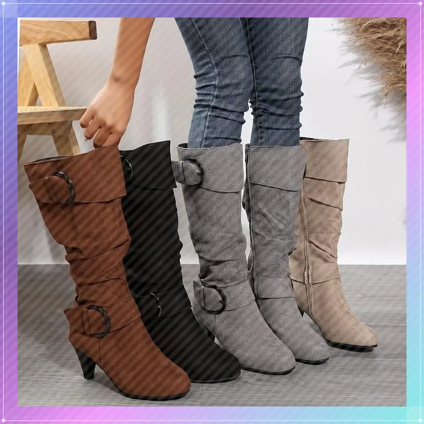 Women's Slouch Knee Boots, Strap Side Zipper Heeled Boots, Comfortable Suedette Long Boots