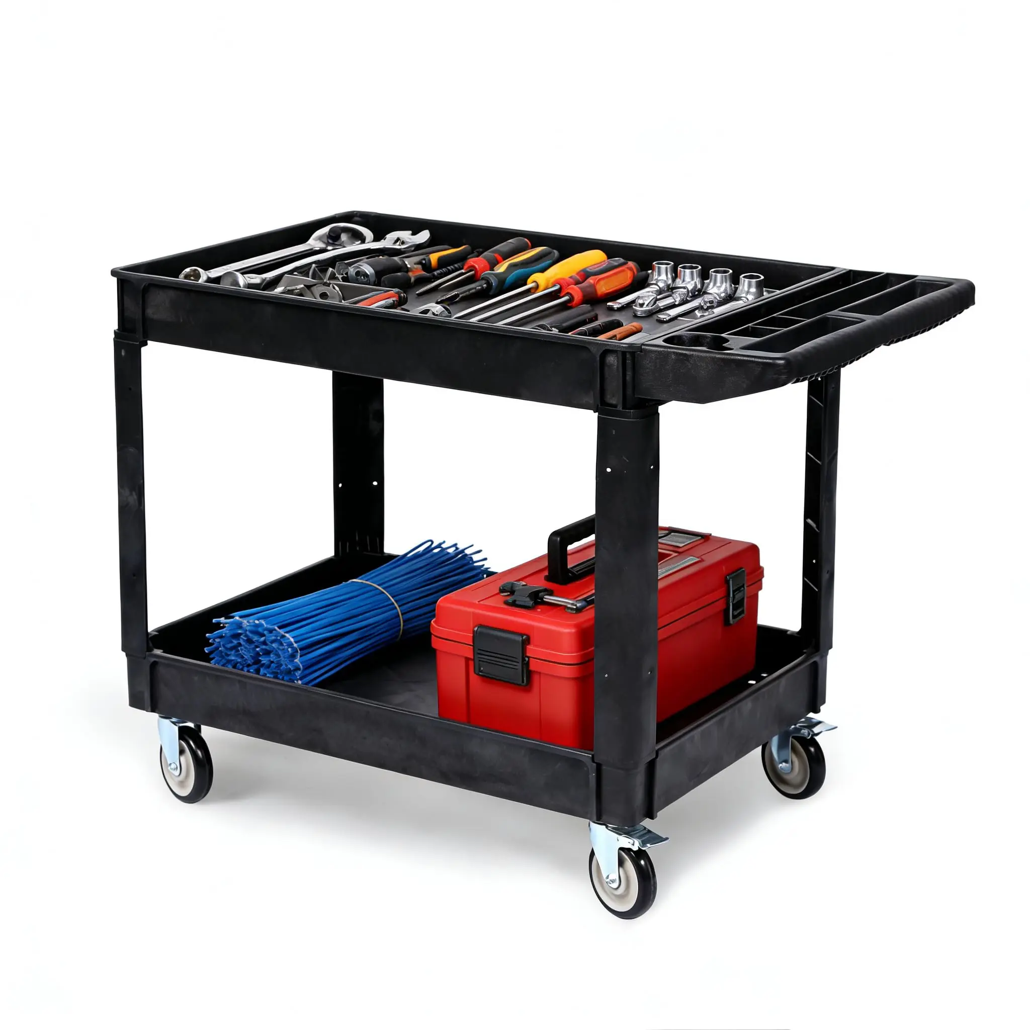 2 Shelf Utility Service Cart, 550LBS Heavy Duty PP Rolling Cart with 360° Swivel Brake Wheels, Lipped Storage Shelves & Ergonomic Handle for Garage Warehouse Cleaning, Black/Grey